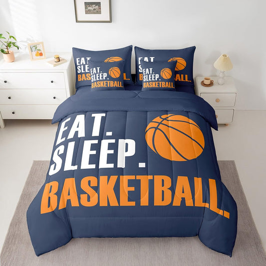 Feelyou Basketball Comforter Set 7 Piece 3D Ball Sports Bedding Twin Comforter Set for Boys Girls Women Men Blue Eat Sleep Basketball Bedding Set Ball Games Room Decor Bed in a Bag