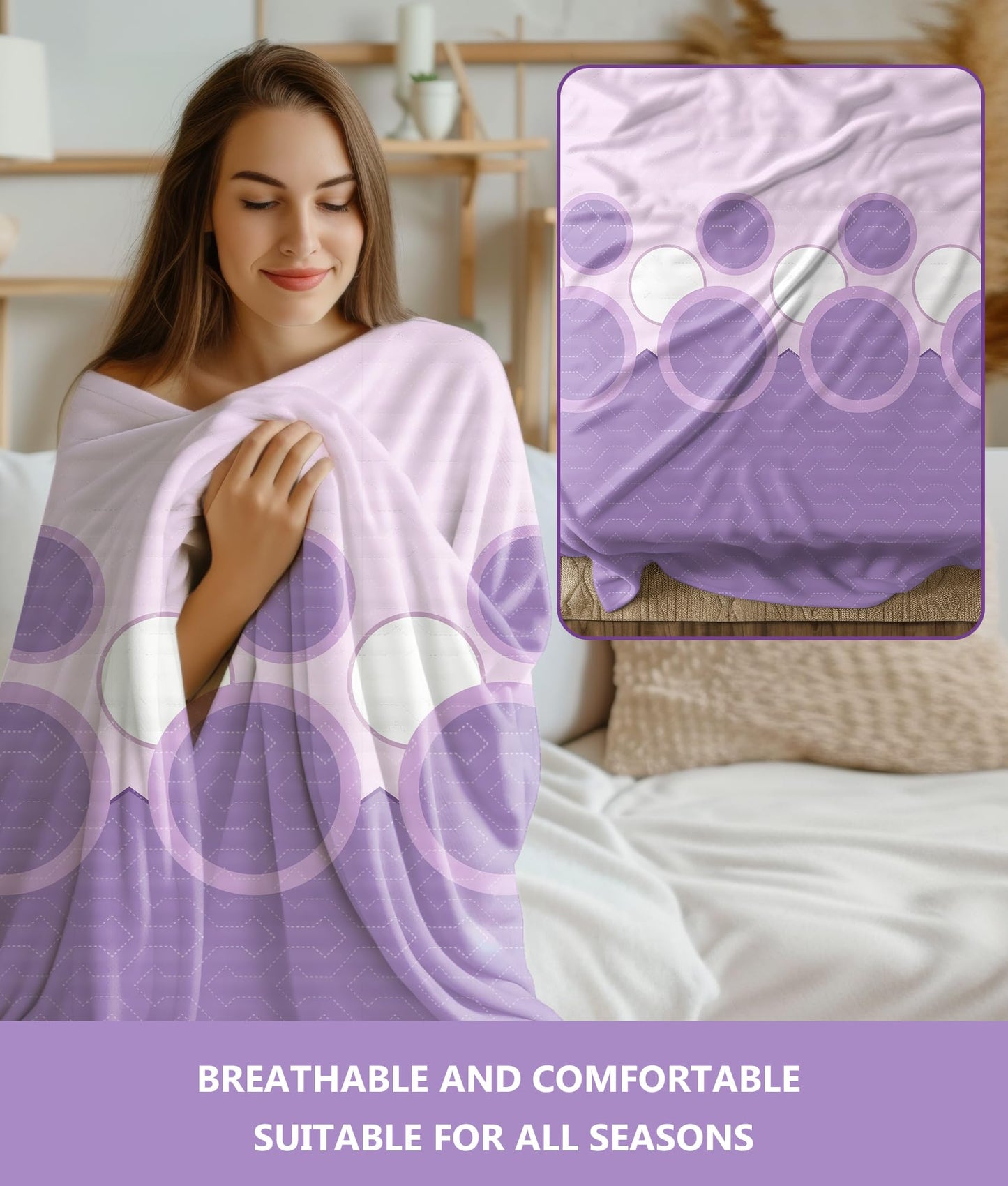 Hercastlè 9pcs Wrinkle-Resistant Microfiber Bedspread Lightweight Comforter Set and Pillowcases with Matching Coordinated Curtains Bed Cover Bedding Sets in a Bag Queen Size Violet Pink Round Graphic