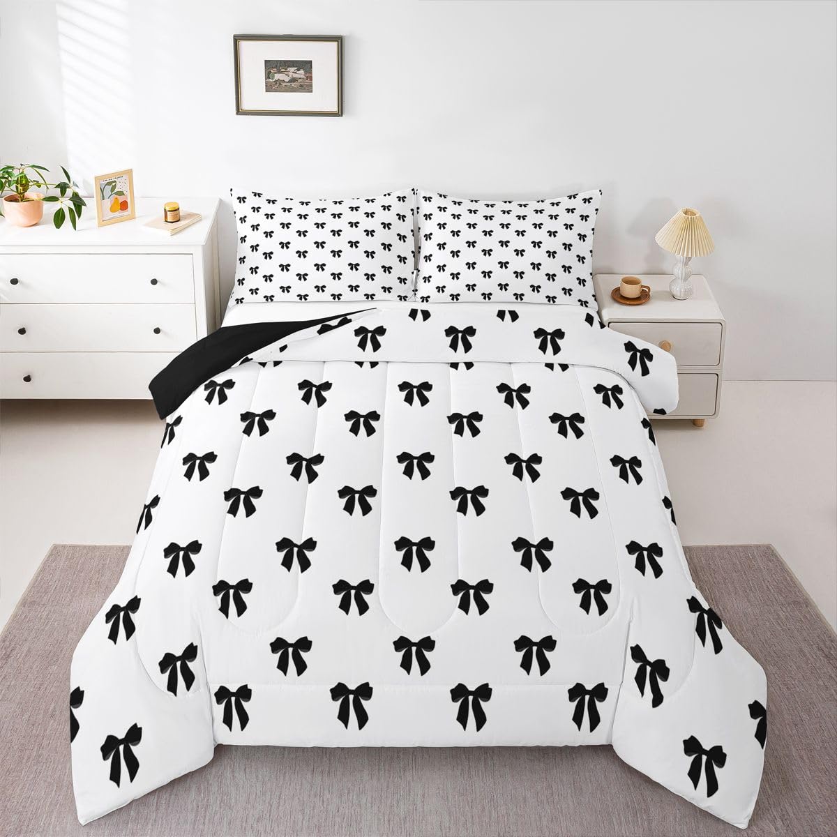 Erosebridal Black Bow Comforter Set Queen Size Coquette Bows Bedding Set for Kids Teen Girls Women Bedroom Cute Preppy Bowknot Comforter Modern Trendy Girly Aesthetic Quilt Duvet