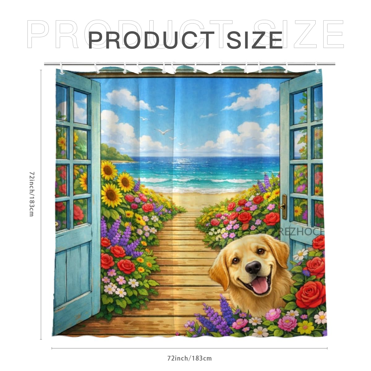 REZHOCH Beach Animal Shower Curtain 72x72Inch,Fun Golden Retriever Ocean View Bathroom Decor,Floral Pathway Seaside Holiday,Spring Summer Coastal Waterproof Fabric Bath Set with Hooks
