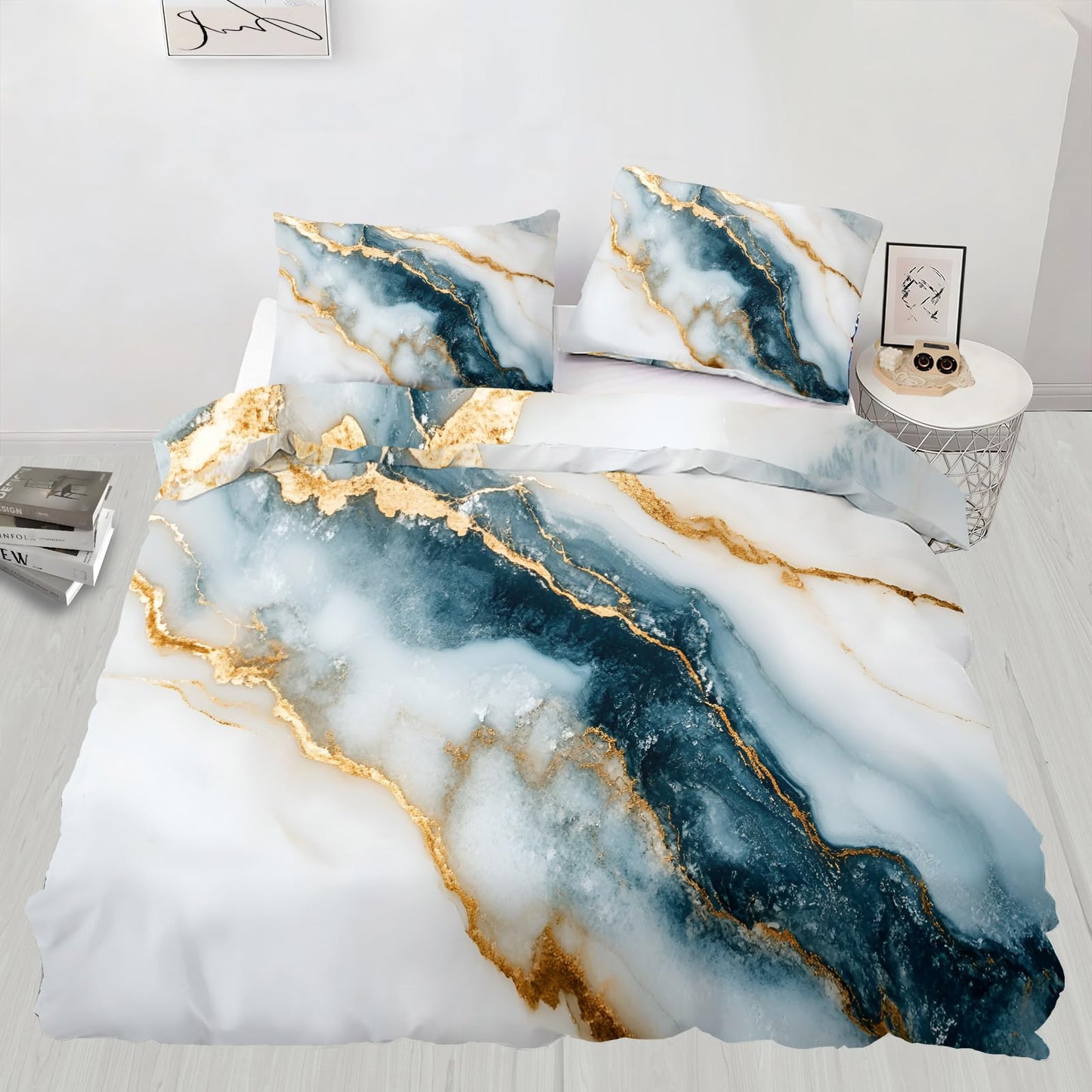 PAISUOQ Marble Duvet Cover Full Size, Golden Texture Bedding, 3 Piece, Soft Microfiber Patterned Comforter Cover with Zipper Ties & 2 Pillowcase, White & Teal Bedroom Decor & Gifts