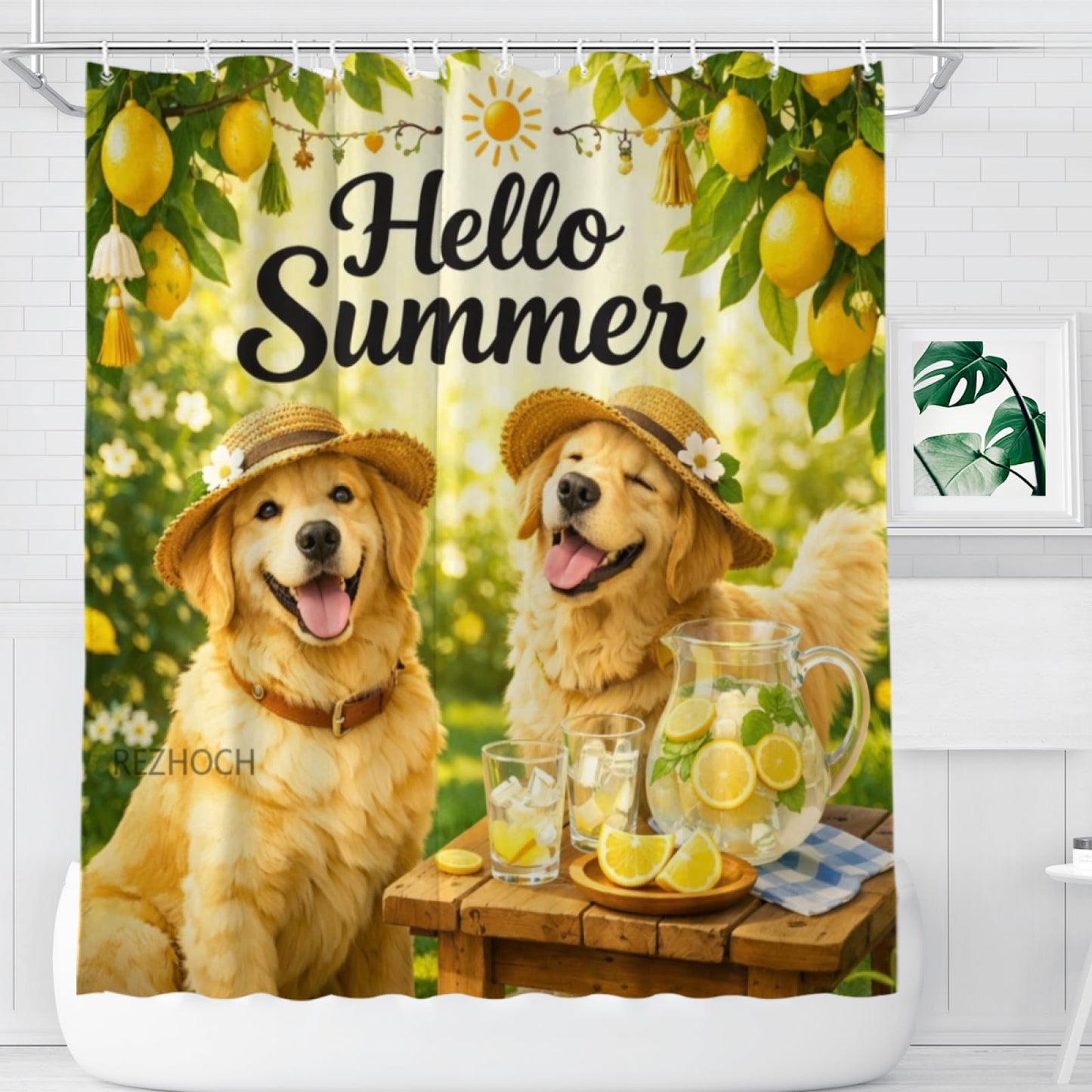 REZHOCH Summer Lemon Fun Golden Retriever Dog Shower Curtain 72x72Inch,Cute Animal Boho Home Bathroom Decor,Yellow Green Farmhouse Woodland Kid Adult Waterproof Fabric Bath Set with Hooks