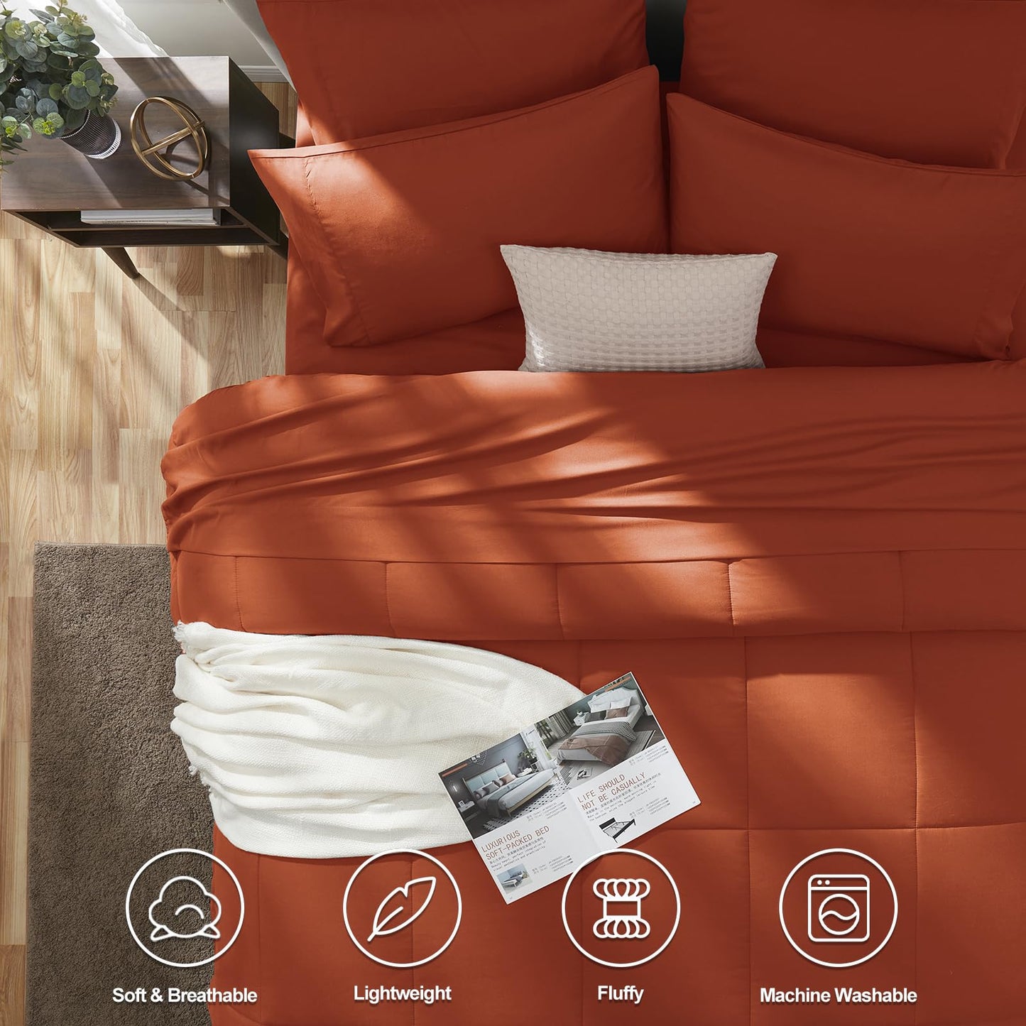 CozyLux Queen Comforter Set Terracotta, 7 Pieces Bed in a Bag, Burnt Orange Fall Comforters Queen Size, All Season Bedding Sets with Stitch Quilted Comforter, Flat Sheet, Fitted Sheet, Pillowcases