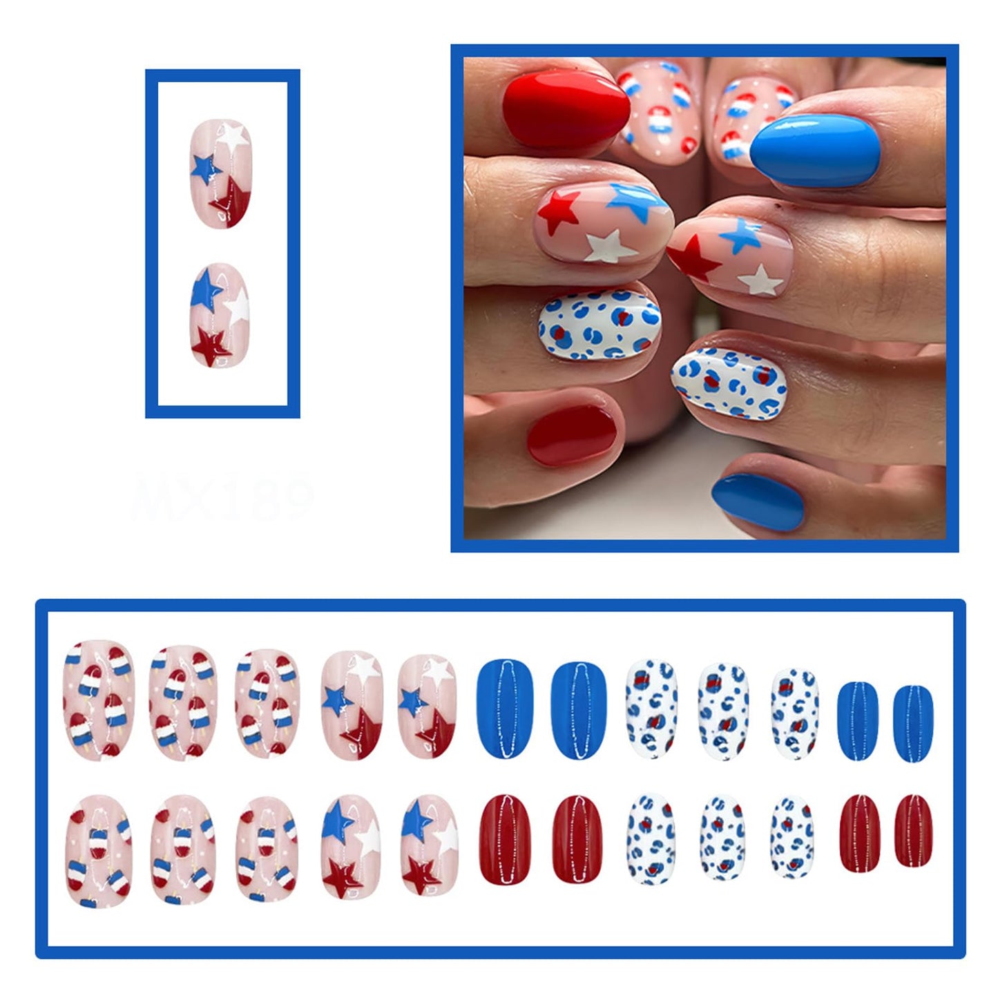 24Pcs Independence Day Press on Nails Short Oval Fake Nails Cute Design Red & Blue Style Acrylic Stick on Nails Star Reusable Glossy Full Cover Glue on Nails for Women 4th of July Manicure Decorations