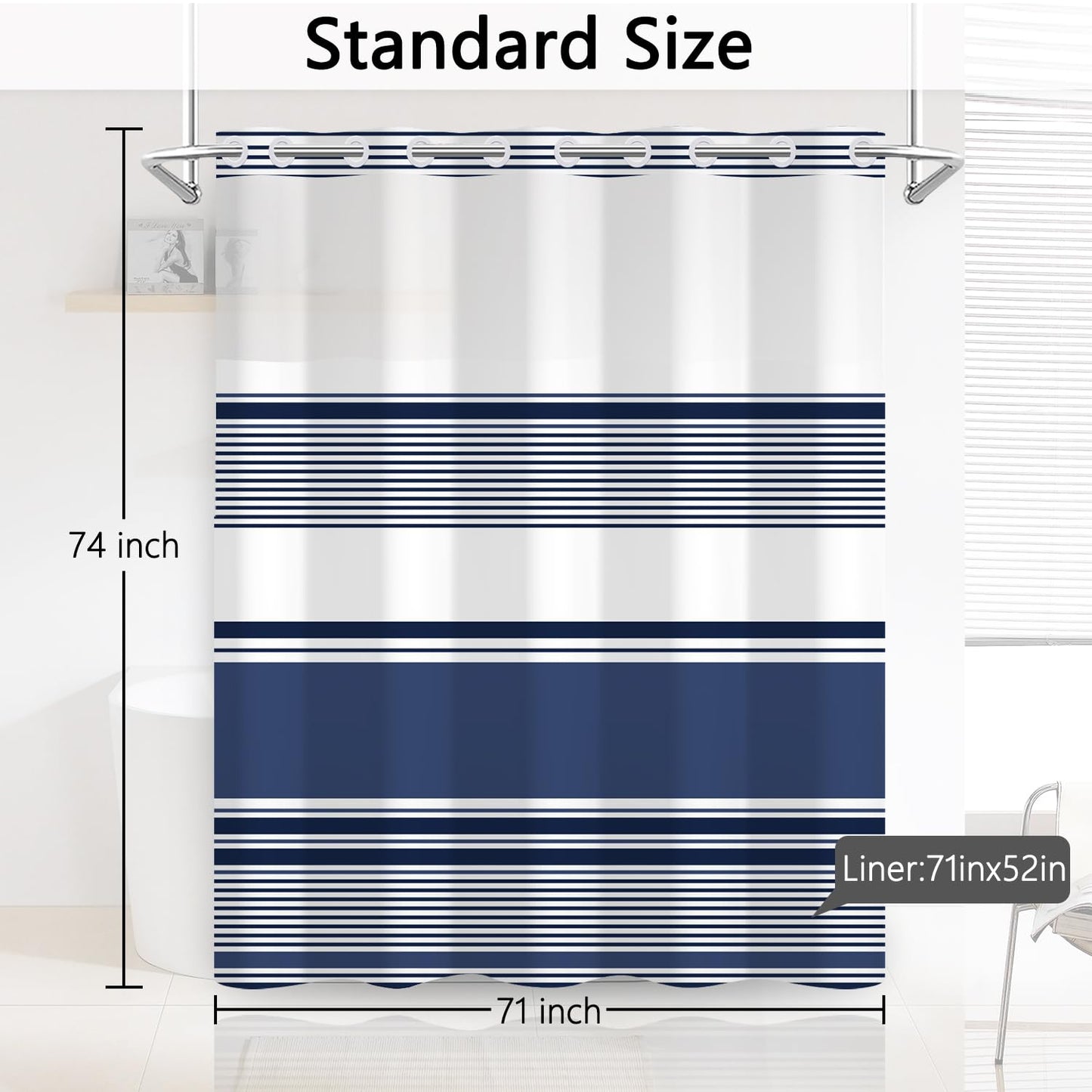 NAEMBCU No Hook Navy Blue Striped Shower Curtain with Snap in Liner Set