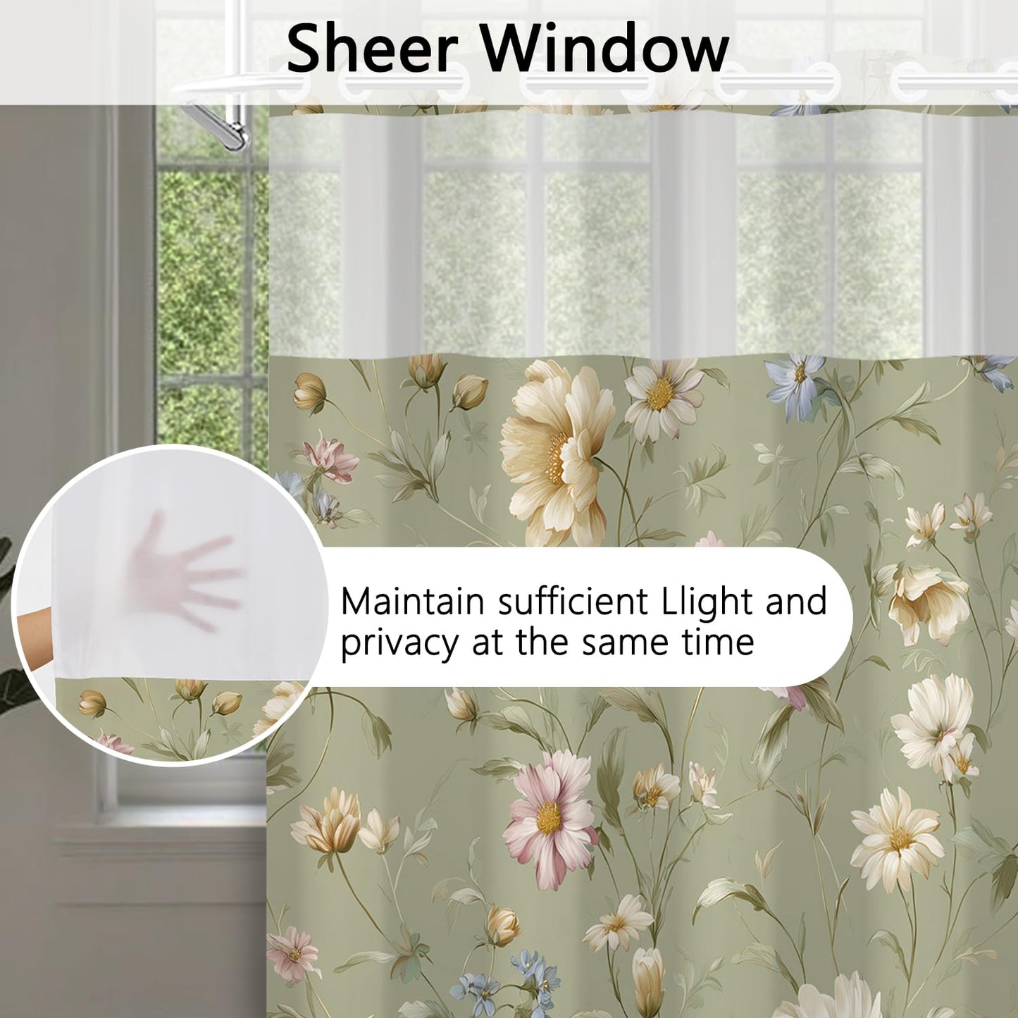 Xiazhilaio No Hook Floral Shower Curtain with Snap in Liner