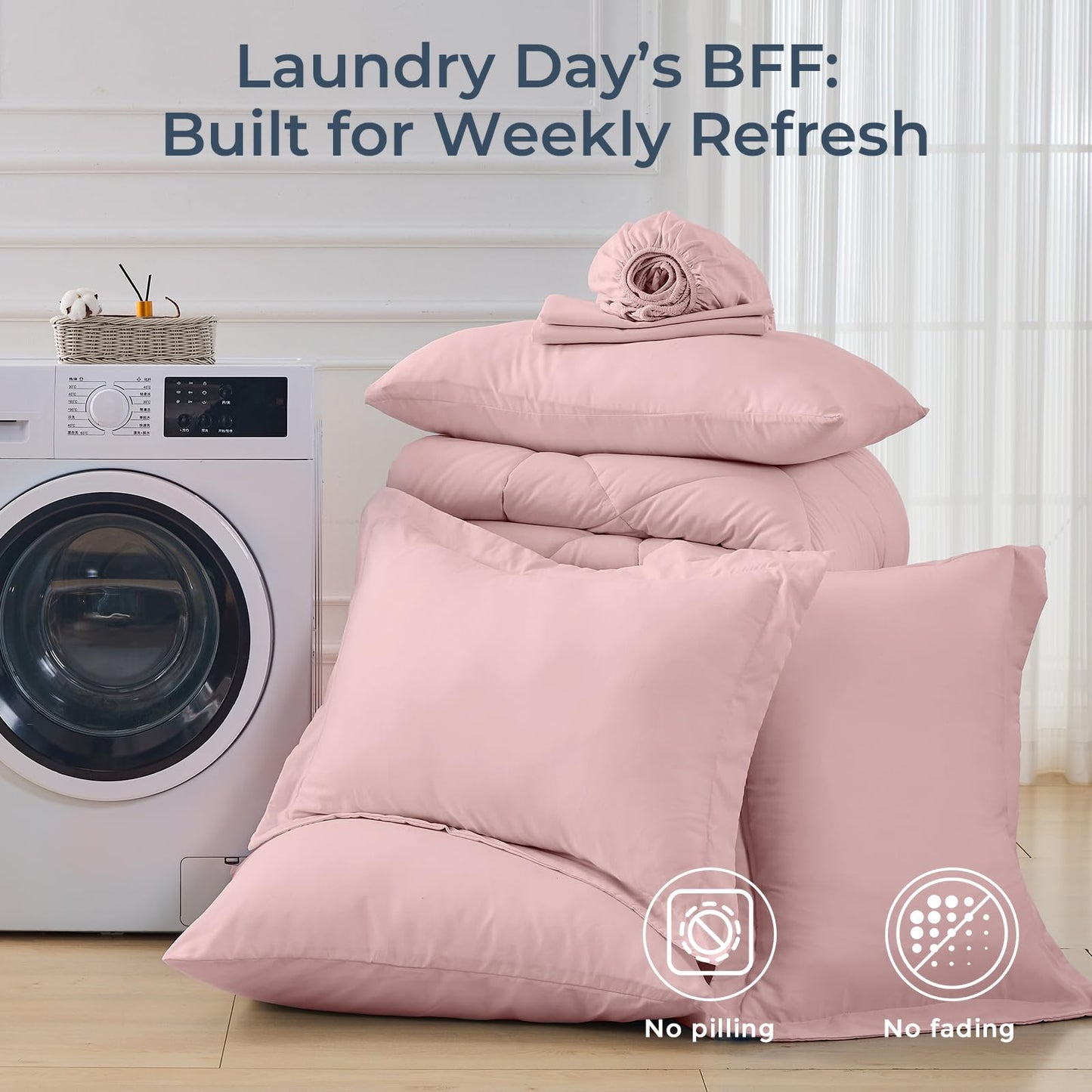 HEVUMYI Dusty Pink Queen Comforter Set - 7-Piece All Season Bed in a Bag Queen, Ultra Soft Bedding Set with Comforter, Flat Sheet, Fitted Sheet, Pillowcases, Pillow Shams