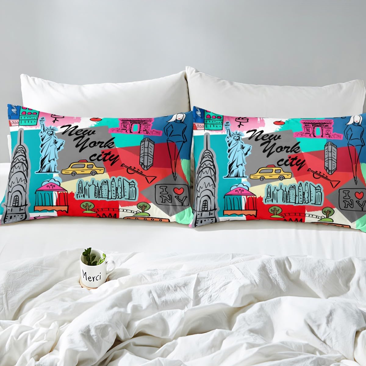 Statue of Liberty Fitted Sheet New York Cityscape Bed Sheet Set for Kids Children Teens Famous City Scene Bedding Set Historical Scenery Bed Cover Full Size with 2 Pillow Case