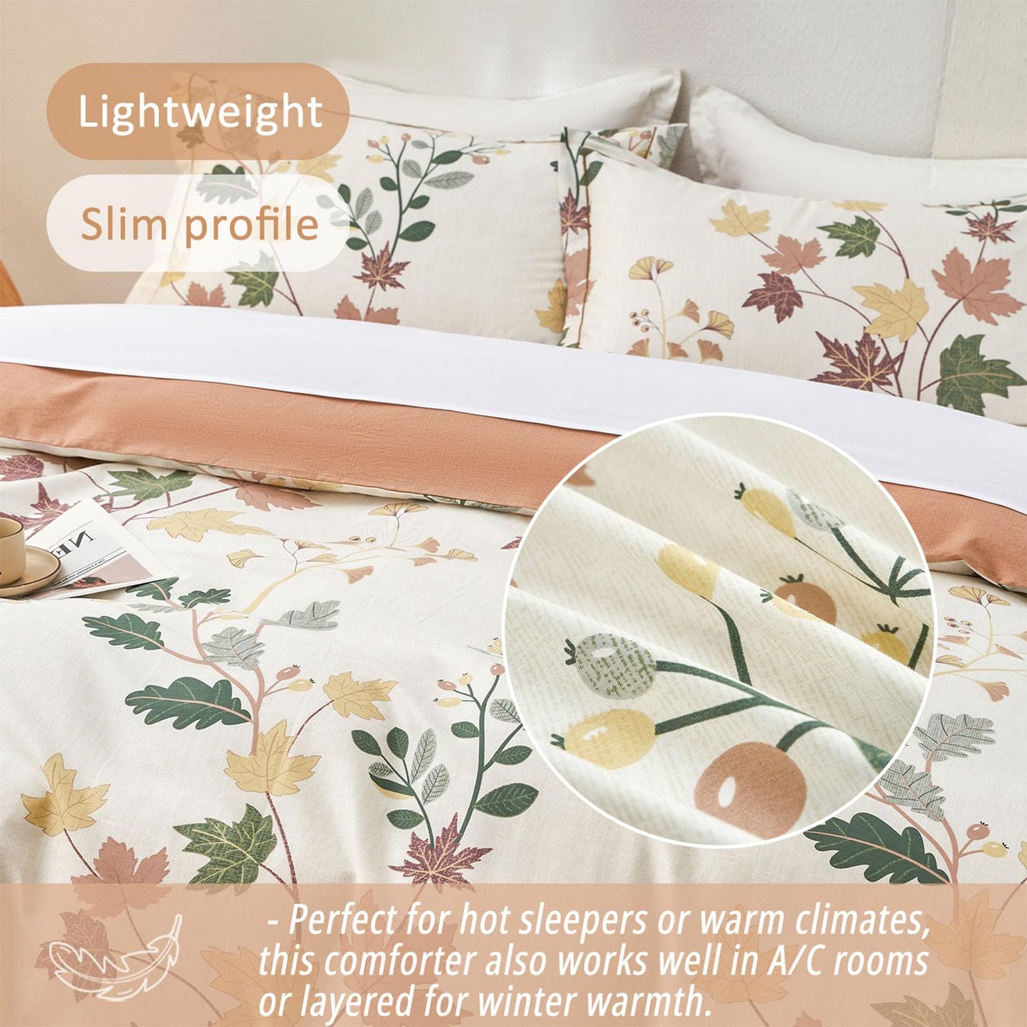 LEMIROE Botanical Cotton Comforter King Size - Luxurious Design with Maple Leaves and Branches on Beige, Textured Maple Orange Back, 3PC Lightweight Bedding Set with Ultra-Soft Alternative Fill