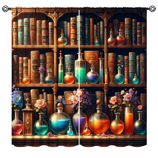 Nsbul Vintage Bookshelf Curtains, Antique Magic Apothecary Ancient Books Window Treatment for Bedroom Living Room Library Home Decor, 42" W X 45" L(No Blackout)