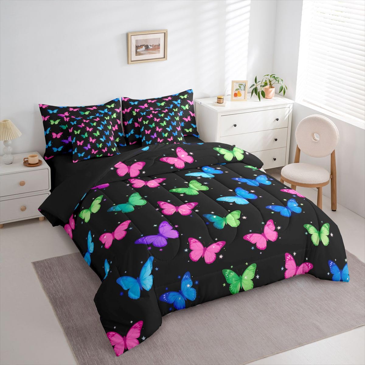 Erosebridal Neon Butterfly Print 7 Piece Bedding Set Twin Watercolor Butterflies Kawaii Comforter Set with Sheets Colorful Animals Print Bed in a Bag Vibrant Star Motif Bed Sets Comforter