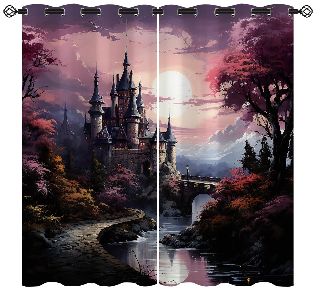 ONINUO Castle Blackout Curtains for Girls Boy Home Decor, Mystical Fantasy Forest Fairy Tale Woods Grommet Thermal Insulated Drapes Darkening Window Curtain for Bedroom Living Room, 42 x 45 Inch