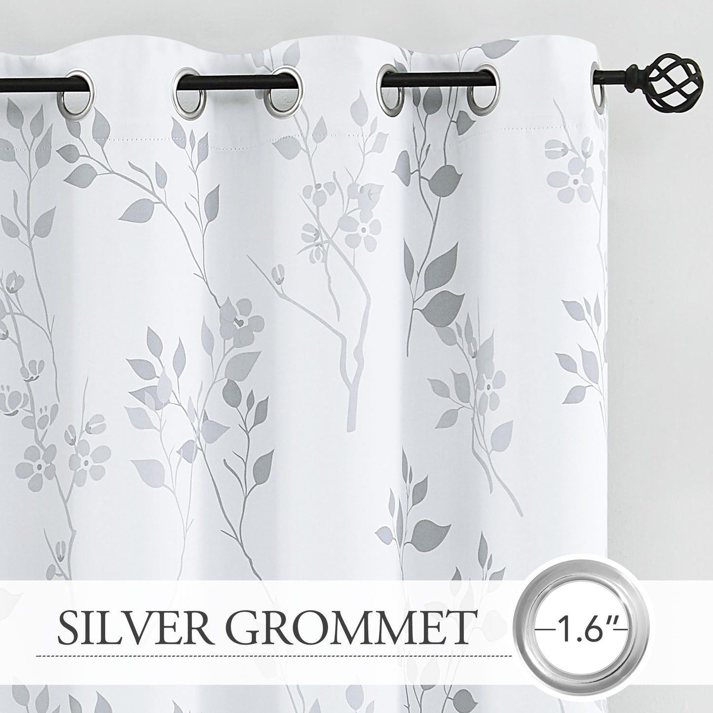 Beauoop Floral 100% Blackout Curtains 84 Inches Long 2 Panels for Bedroom Living Room Grey White Flower Patterned Room Darkening Thermal Insulated Soundproof Grommet Window Treatments Drapes, 52X84