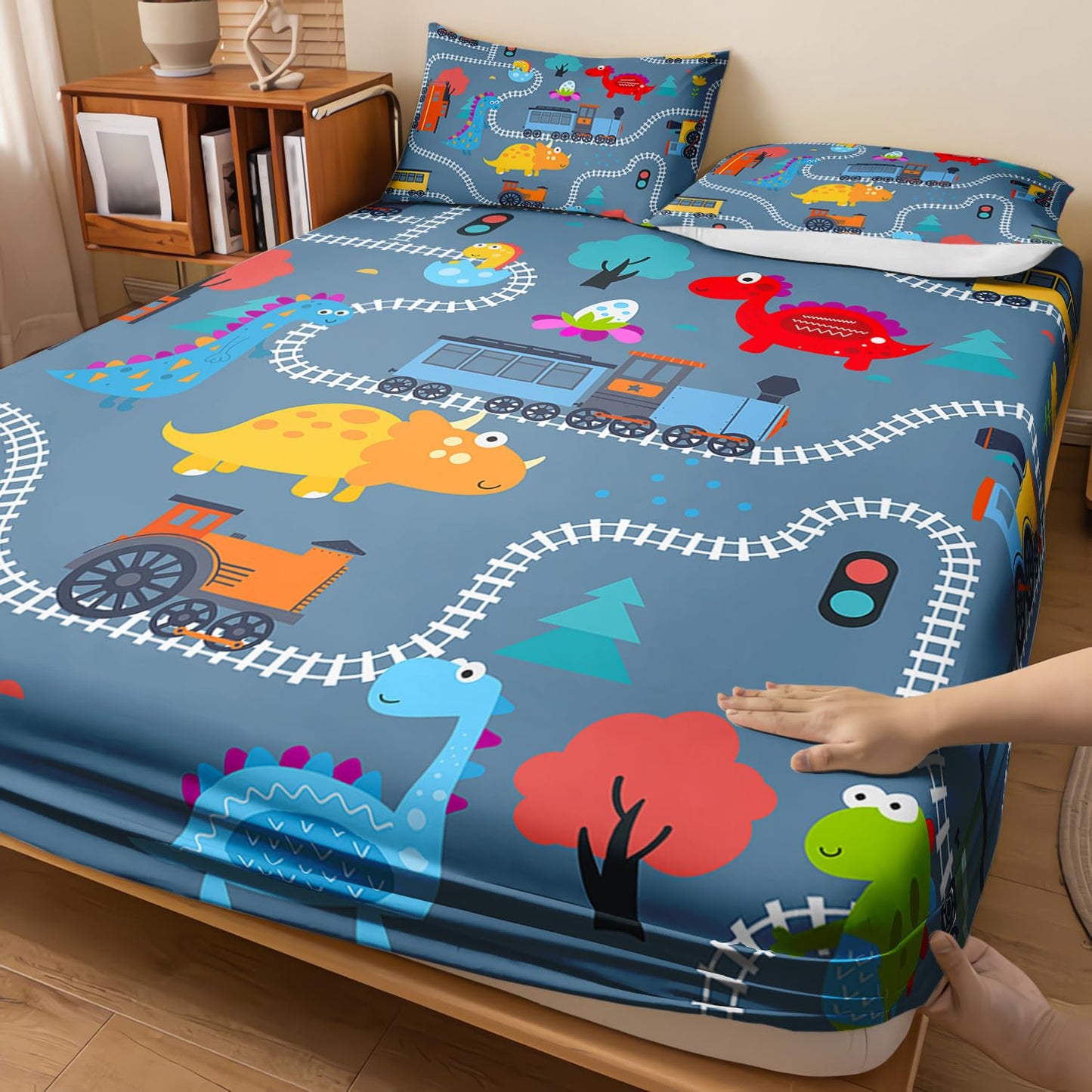 AILONEN Cartoon Train Fitted Sheet Set Twin Size, Railroad Train Printed Bedding Set for Kids,Cute Dinosaur Bed Sheet Set for All Season,3-Pieces,1 Sheet Set with 2 Pillowcases,Soft,Breathable
