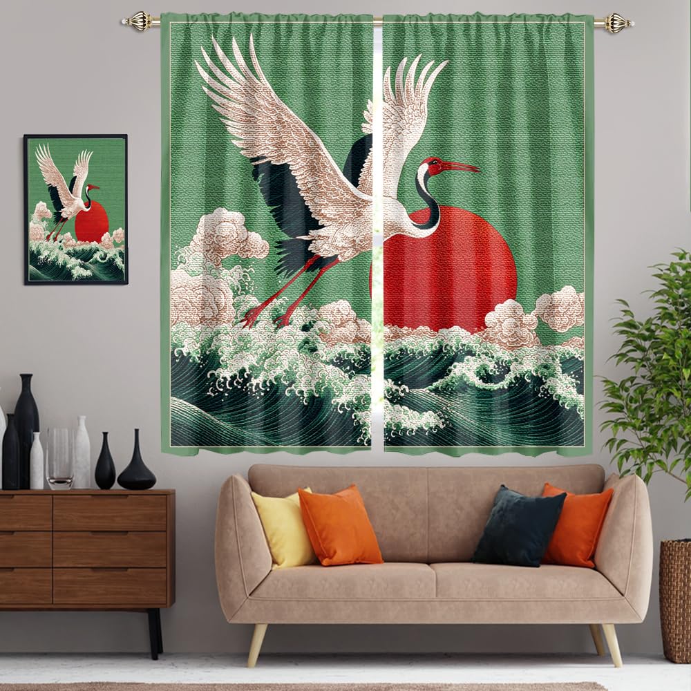 XSUPFLYM Retro Japanese Animal Crane Blackout Curtain for Living Room Modern Art Wildlife Crane Red Sun Nautical Ocean Waves Thermal Insulated Curtain for Bedroom 2 Panels Each 21" W x 54" L