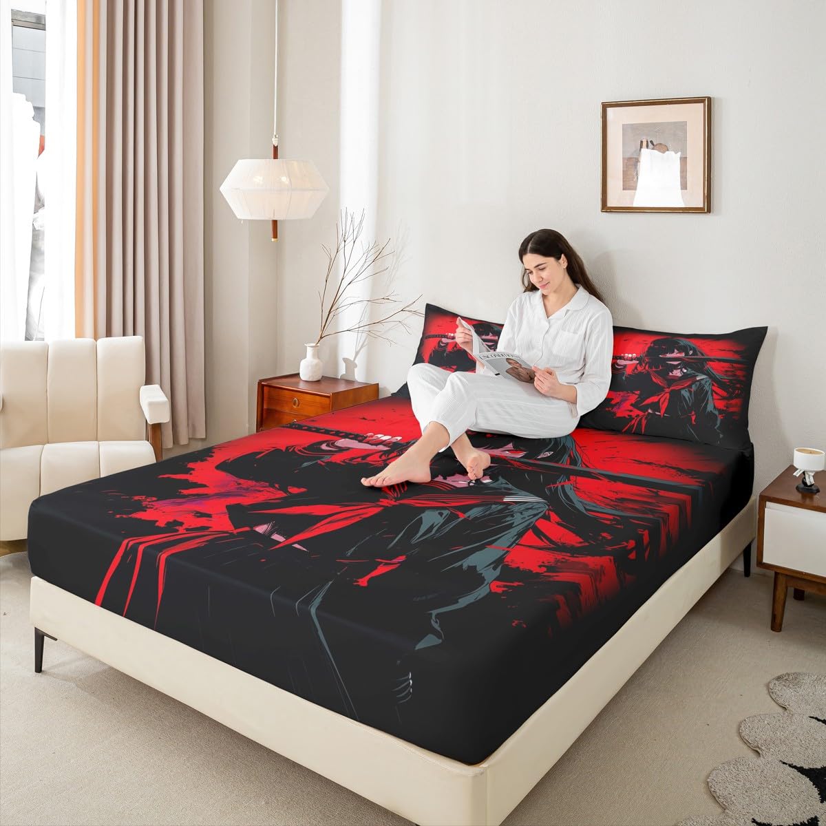 Erosebridal Japanese Anime Bedding Set for Kids, Anime Girl Fitted Sheet Queen Size Japanese Girl Bed Sheets for Girls Teens Adult, Kawaii Animation Red Black Sheets, Machine Washable