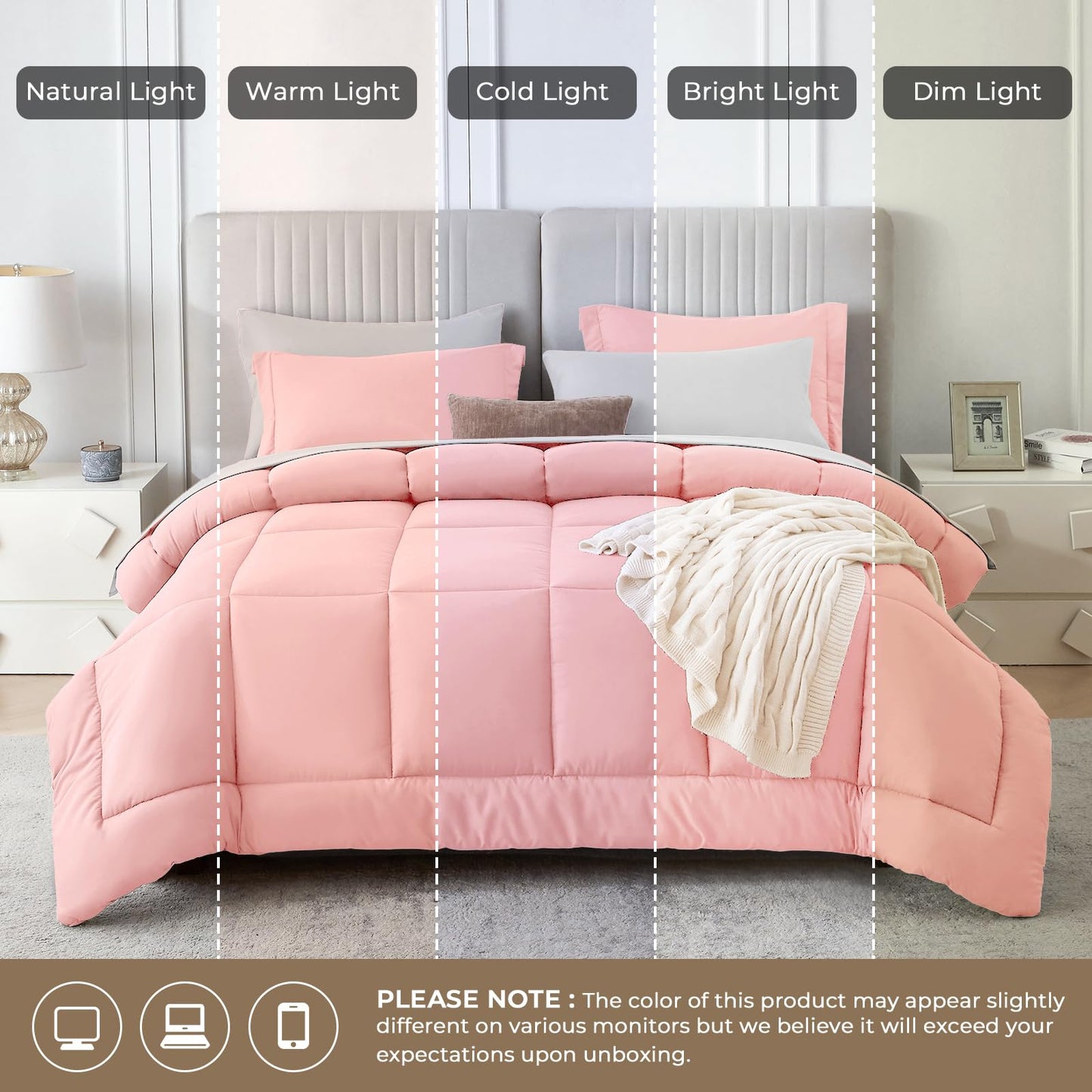 Sasttie Queen Comforter Set, 7 Pieces Reversible Bed in a Bag Queen, Complete Bedding Set Includes Comforter, Flat Sheet, Fitted Sheet, Pillowcases and Pillow Shams, Pink & Light Grey