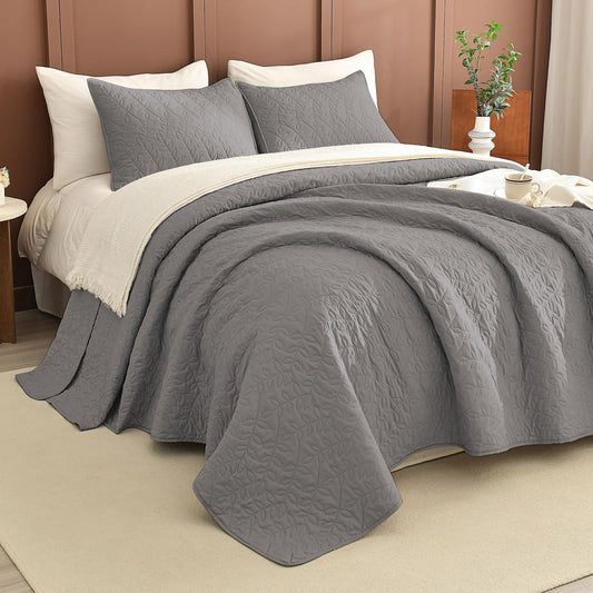 Masaca Oversized King Bedspread 128"x120",Grey Leaf Pattern King Quilt Bedding Set Oversized,3 Pieces Soft Lightweight Gray Extra Large Farmhouse Bedspread & Coverlet Sets