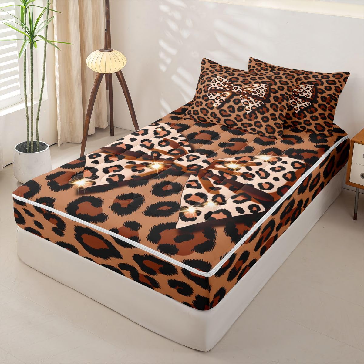jejeloiu Girls Bow Zipper Bedding Leopard Print Comforter Set for Kids Boys Girls Twin Size White Brown Bowknot Zippered Kids Bedding Set Ultra Soft Cheetah Bed in a Bag Animal Print