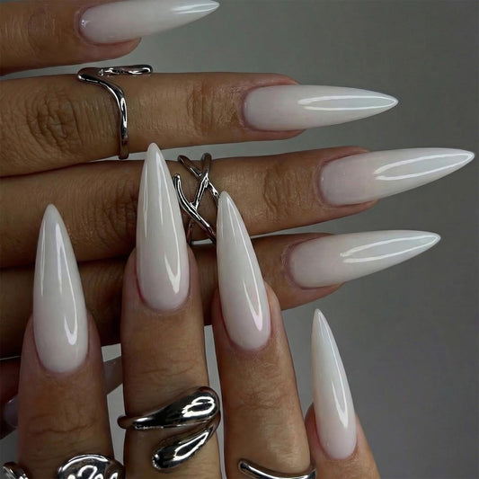 SINHOT Stiletto Press on Nails - Long Fake Nails, Glossy Finish, Pearlescent & White Natural, DIY Artificial False Nail Art - 24 Pcs Nail Kit with Glue
