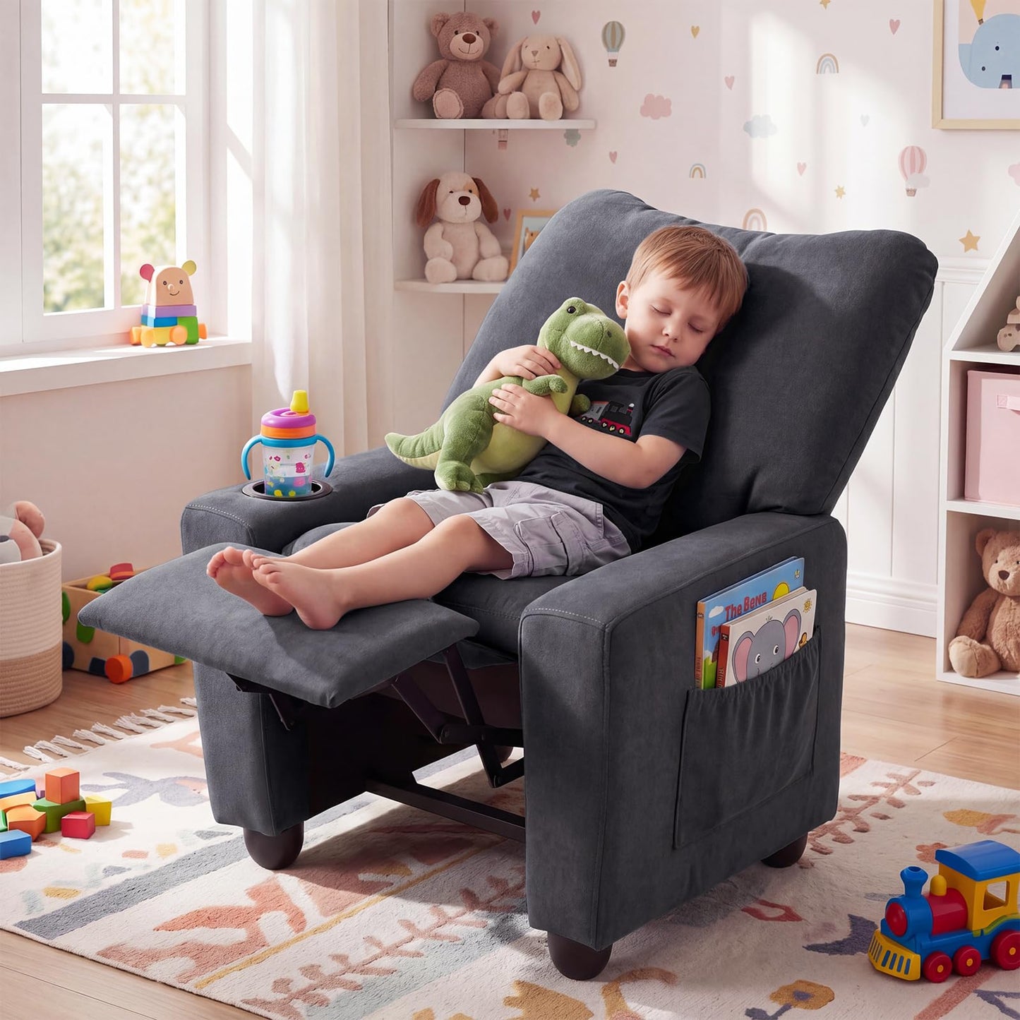 Costzon Kids Recliner Chair with Cup Holder, Toddler Adjustable Lounge Chair w/Footrest for Boys Girls Room, Ergonomic Baby Child Furniture Sofa for Age 3+ Gifts, Kids Mini Recliner up to 150 lbs