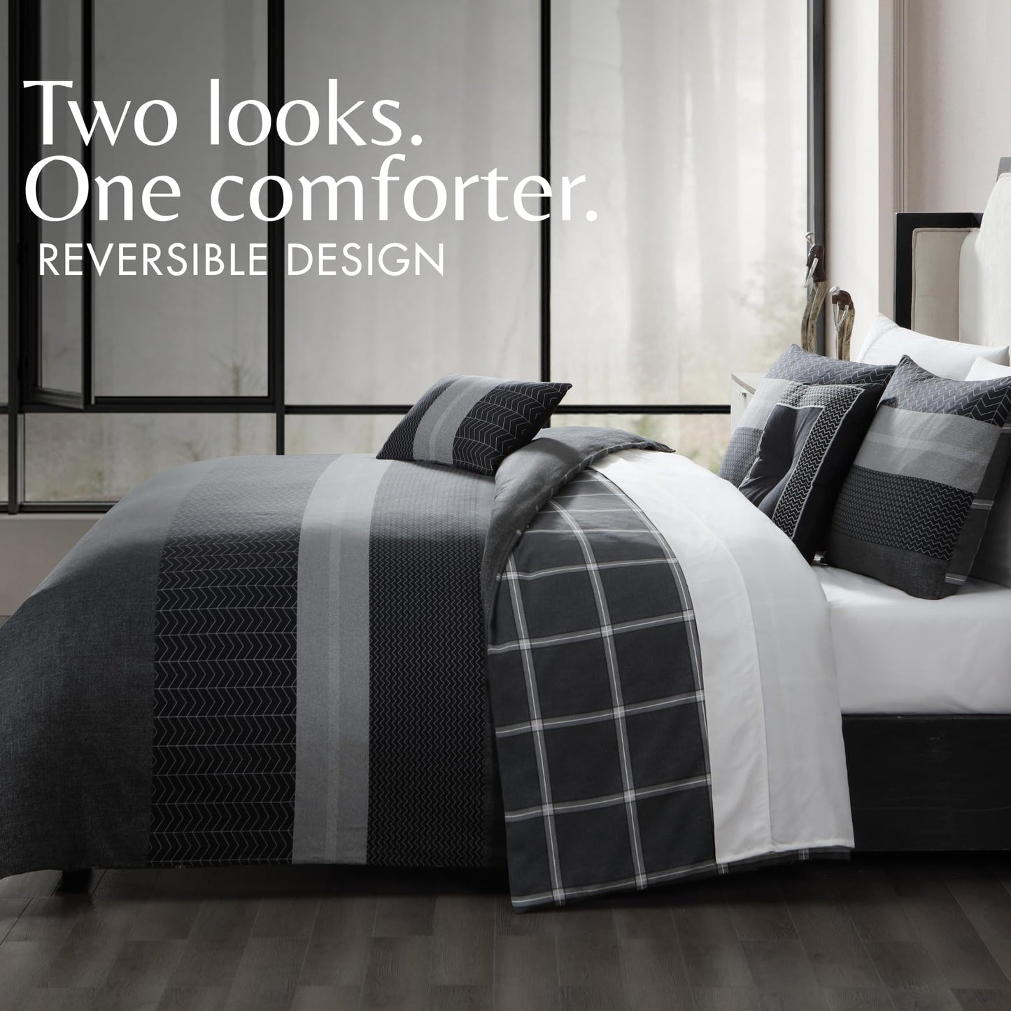 Bebejan Kyle 100% Cotton 5 Piece Comforter Set, Polyfill, Black, Gray Herringbone Tweed Printed Pattern, Reversible, 1 Comforter, 2 Shams, 2 Pillows (King/Cal King)