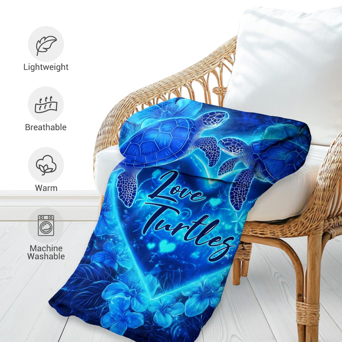 Jekeno Sea Turtle Floral Blanket Gifts for Women Girls Mom Birthday Mother's Day Christmas Blue Ocean Turtles Flowers Print Presents Decor Room Sofa Couch Soft Fuzzy Cozy Plush Throw Blankets 50"x60"
