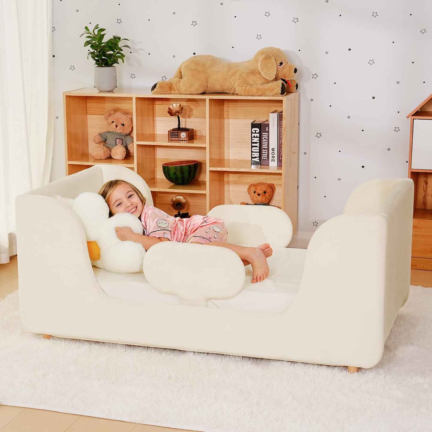 Meulbaty Toddler Bed, Toddler Floor Bed Frame with Wood Slats, Small Beds with Removable Safety Guardrails, Standard Crib Size Kids Bed for Girl and Boy, White