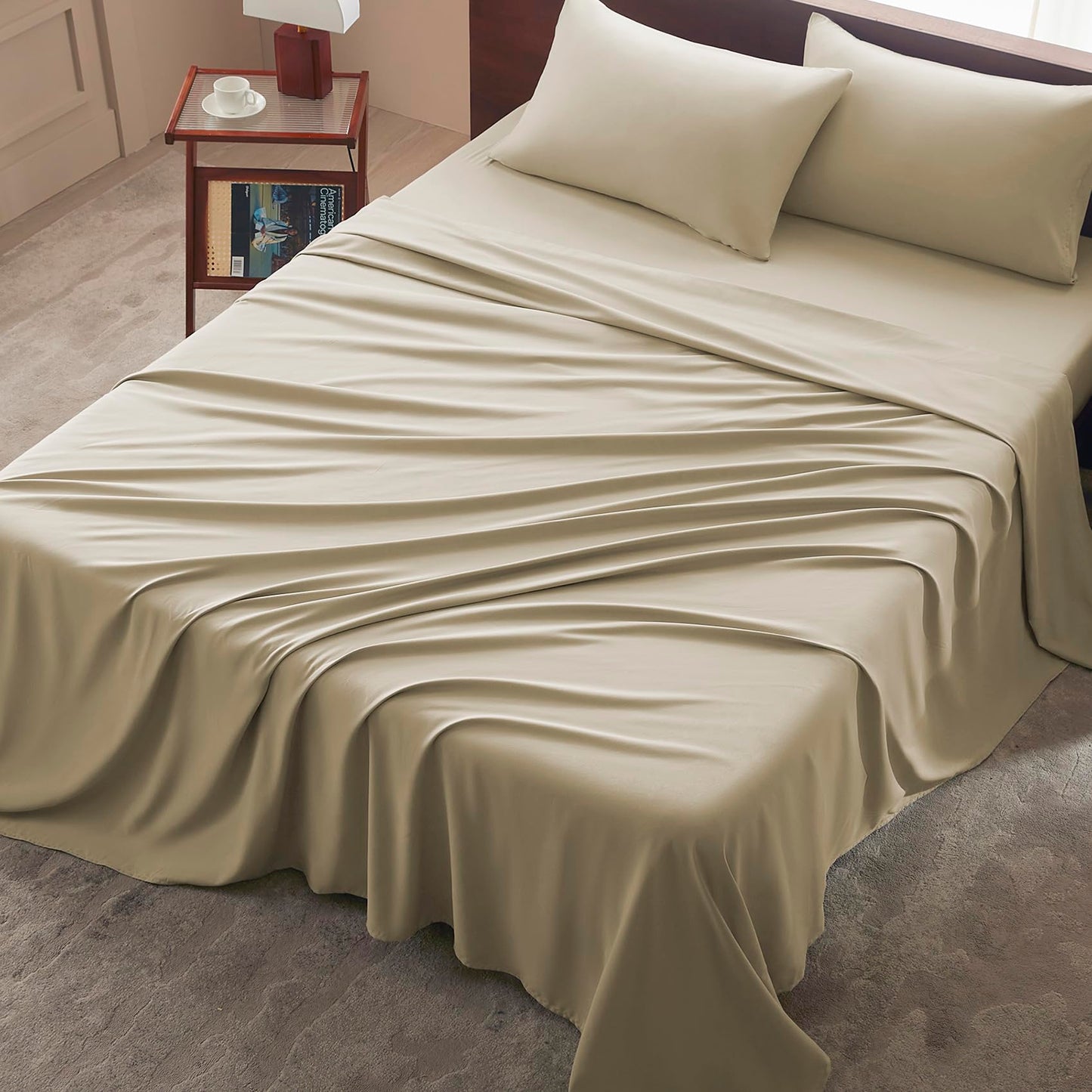 USXIBEI Queen Size 4 Piece Sheet Set - Comfy Breathable & Cooling Bed Sheets Set, Soft and Wrinkle Free, Deep Pockets, Easy & Secure Fit, Hotel Luxury Bedding - Oeko-Tex - Beige