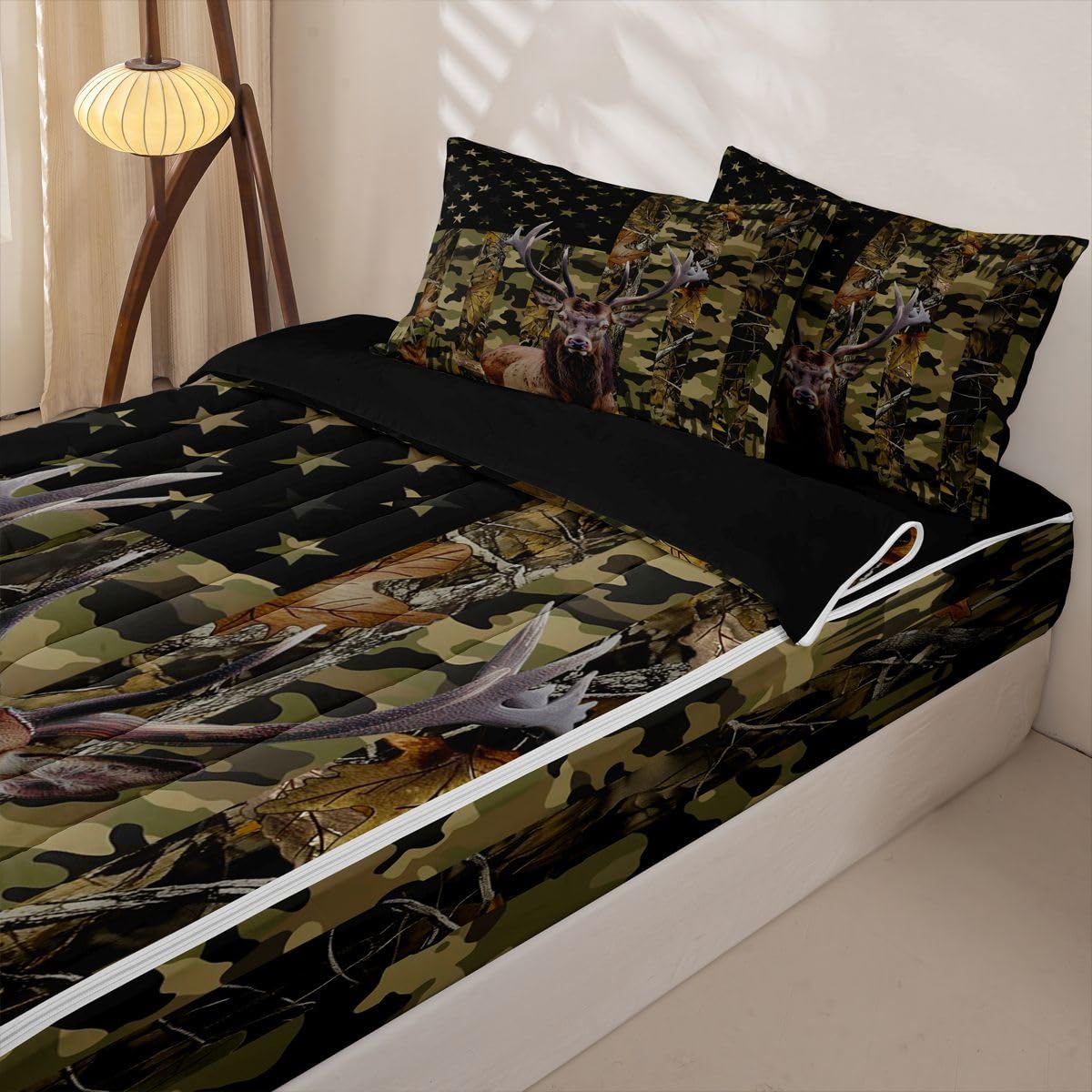 jejeloiu Deer Hunting Camo Zipper Bedding for Kids Rustic Western Deer Twin Comforter Set with Fitted Sheet 2 Pillowcases American Flag Bed in a Bag Green Camouflage Soft Lightweight Microfiber
