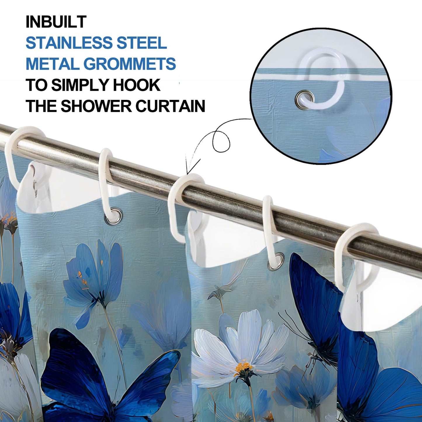 THISFIND Shower Curtain, Blue Floral with Butterflies on Gradient Background Machine Washable Waterproof Fabric for Bathroom Decor Bathtub with 12 Hooks 72x72