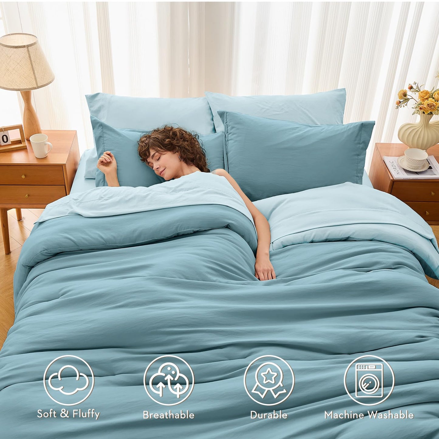 MUXHOMO 7 Pieces King Comforter Set, Soft Bed in a Bag King Size, All Season Bedding Set with Comforter, Flat Sheet, Fitted Sheet, Pillowcases & Shams, Mineral Blue & Light Blue