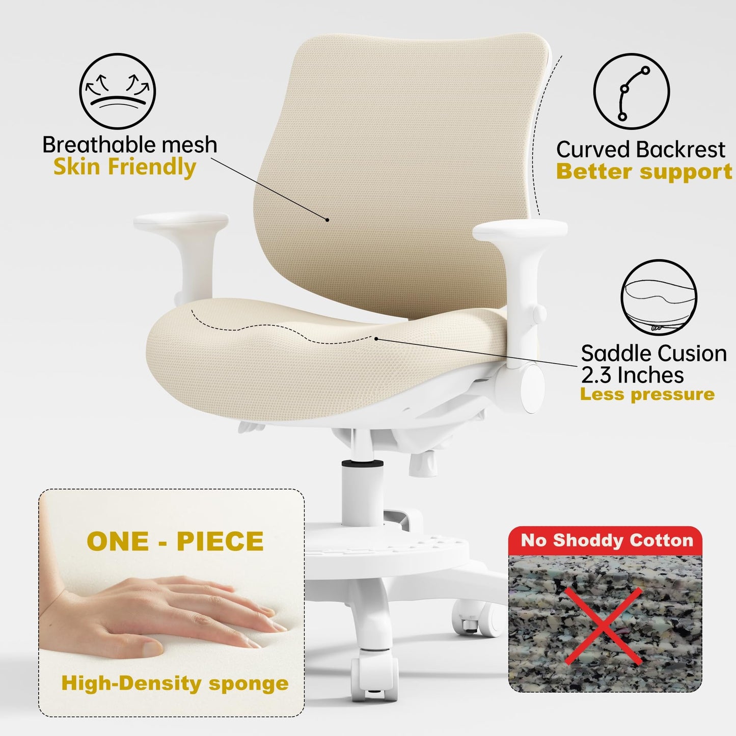 chirvana Kids Desk Chair, Ergonomic Study Chair for Bedroom with Adjustable Footrest, Adjustable Height, Flip-Up Armrests, Mesh Student Chair with Adjustable backrest, Model Deer (Beige)