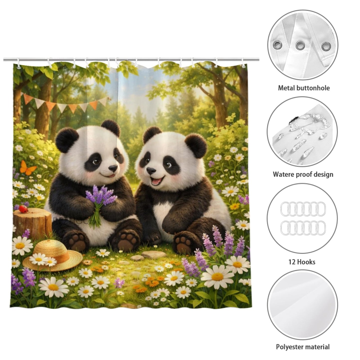 REZHOCH Funny Panda Shower Curtain 72x72Inch,Forest Wildflower Rustic Home Bathroom Decor,Cute Animal Floral Nature Woodland Farmhouse Waterproof Fabric Bath Set with Hooks