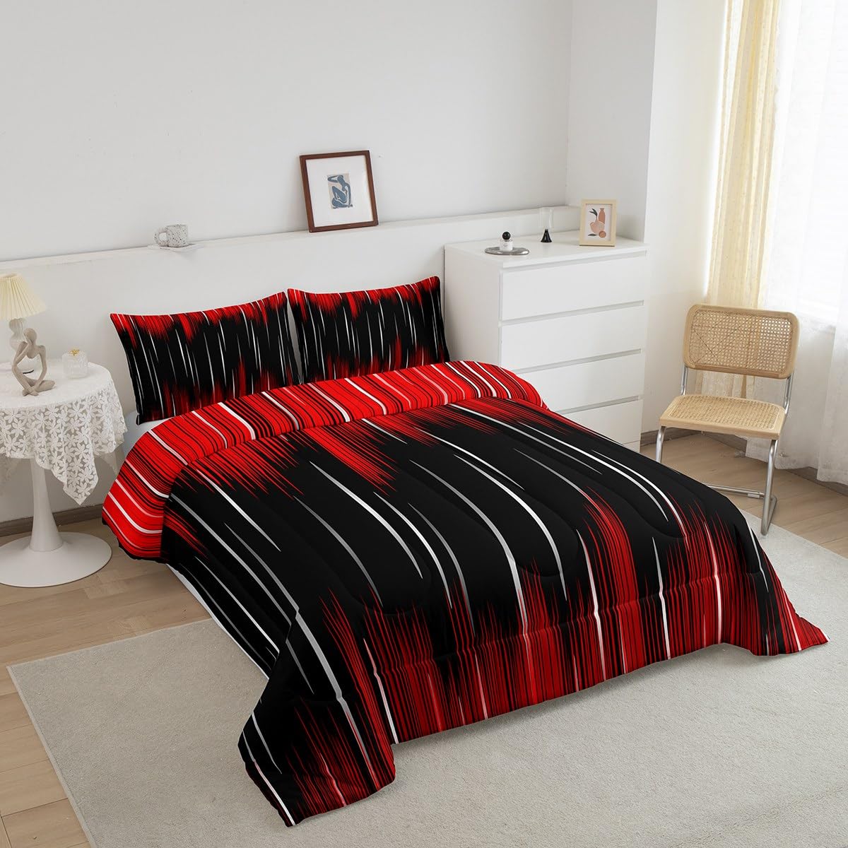 Feelyou Ombre Red Black Bedding Set Boys Girls Full Size Modern Reversible Comforter Set for Kids Ultra Soft Abstract Art Comforter Gradient Duvet Set Room Decor Quilt Set
