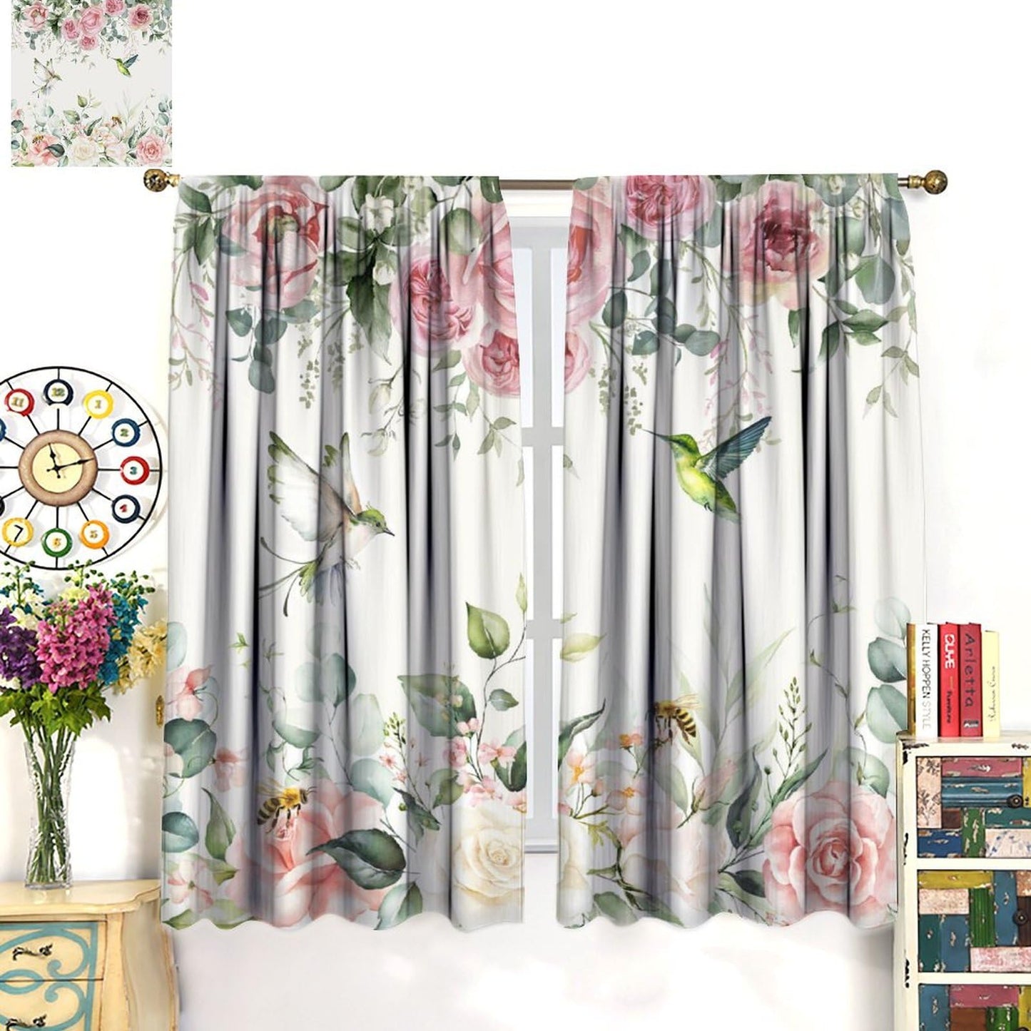 PHTAYOT Pink Burgundy Rose Curtains, Rose Floral Green Leaves Plant Spring Blossom Bird for Room Window Decor, Rod Pocket Print Drapes for Living Room Bedroom Kitchen 2 Panel Set 20.5" W X 45" L