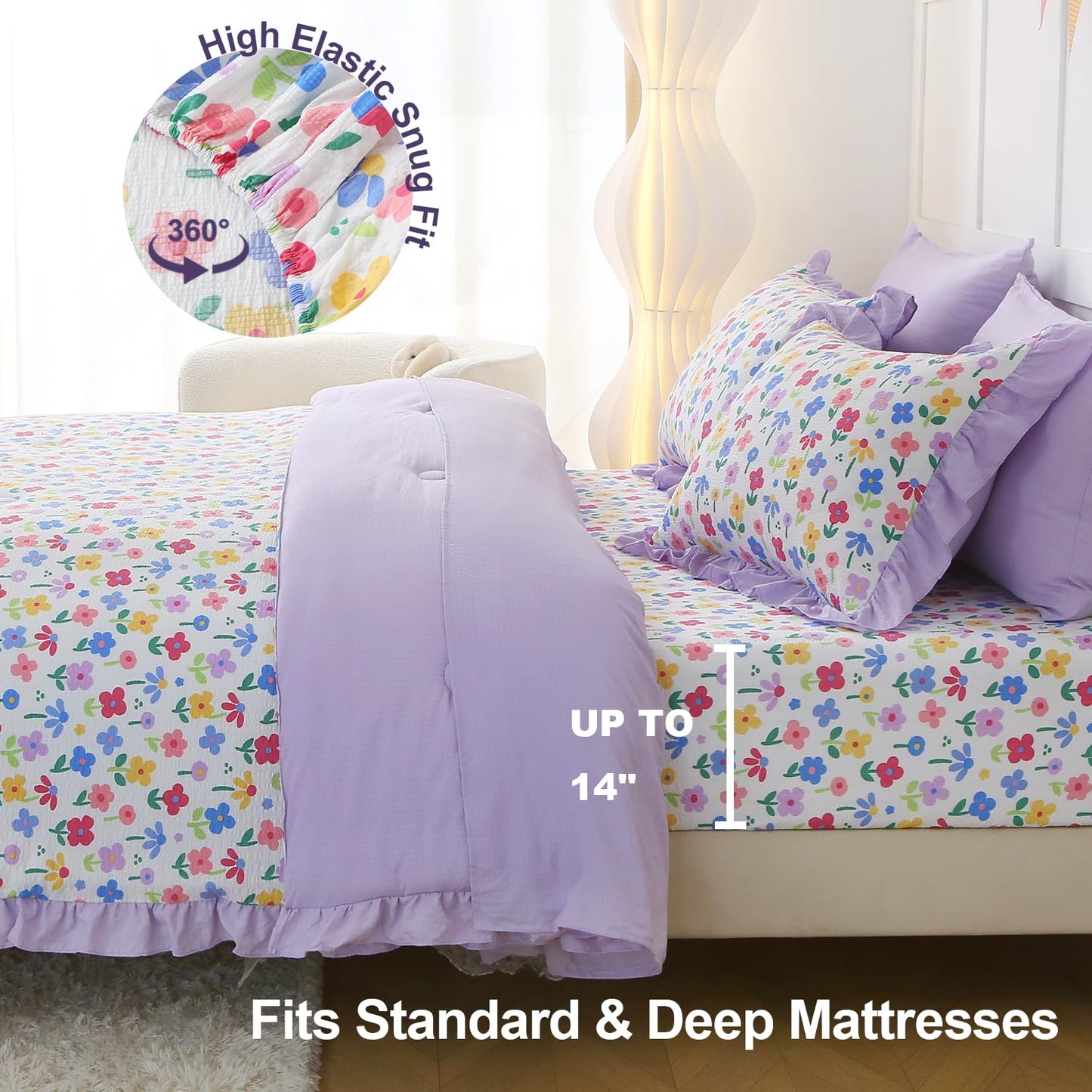 Gusuhome 7 Piece Girls Floral Bedding Set Twin/Full Size Reversible Comforter Bed in a Bag for Kids Soft Purple Floral Bedding with Sheets Bed Skirt Ruffled Floral Pillowcases for Teens Bedroom