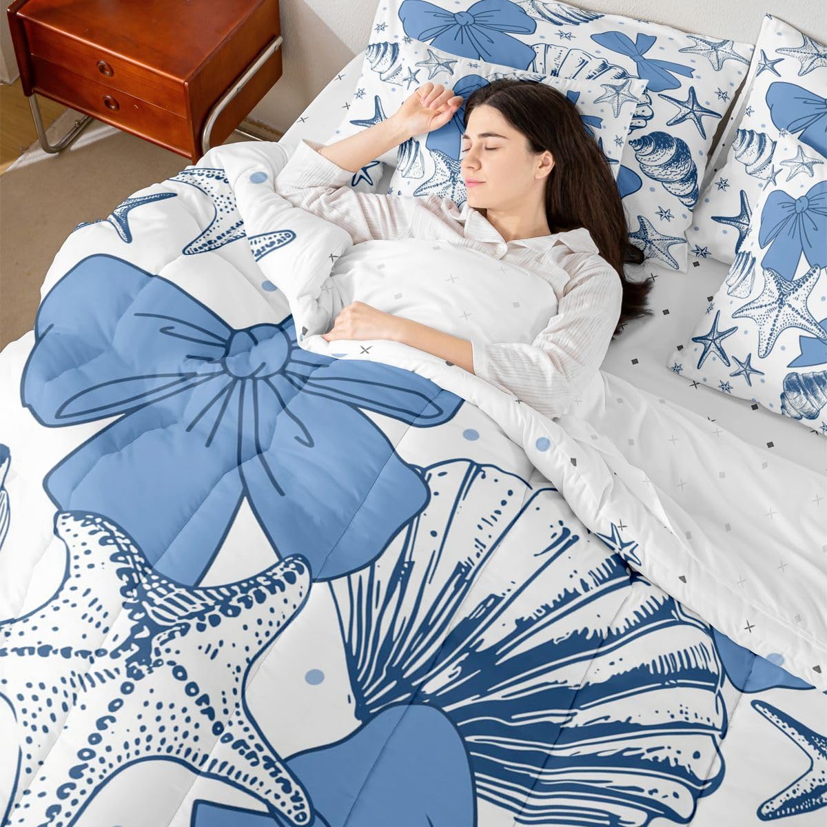 Feelyou Starfish Beach Comforter Set with Sheets 7 Piece King Size Blue Bow Bedding Set for Kids Boys Girls Ocean Marine Shell Bed in a Bag Bow Knot Print Room Decor Coastal Beach Ocean