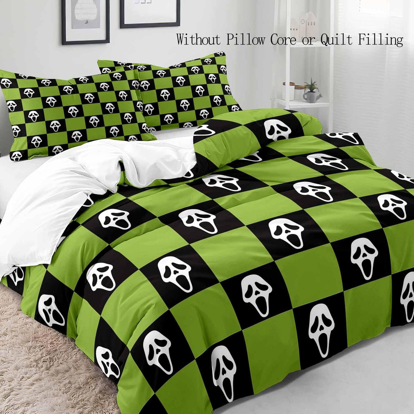 LUVIVIHOME 3PCS Spooky Face Duvet Cover Queen Bedding Sets, Green and Black Checkered Duvet Cover, Halloween Horror Scary Scream Ghost Grid Buffalo Plaid Comforter Cover, Bed in a Bag, 2 Pillow Cases