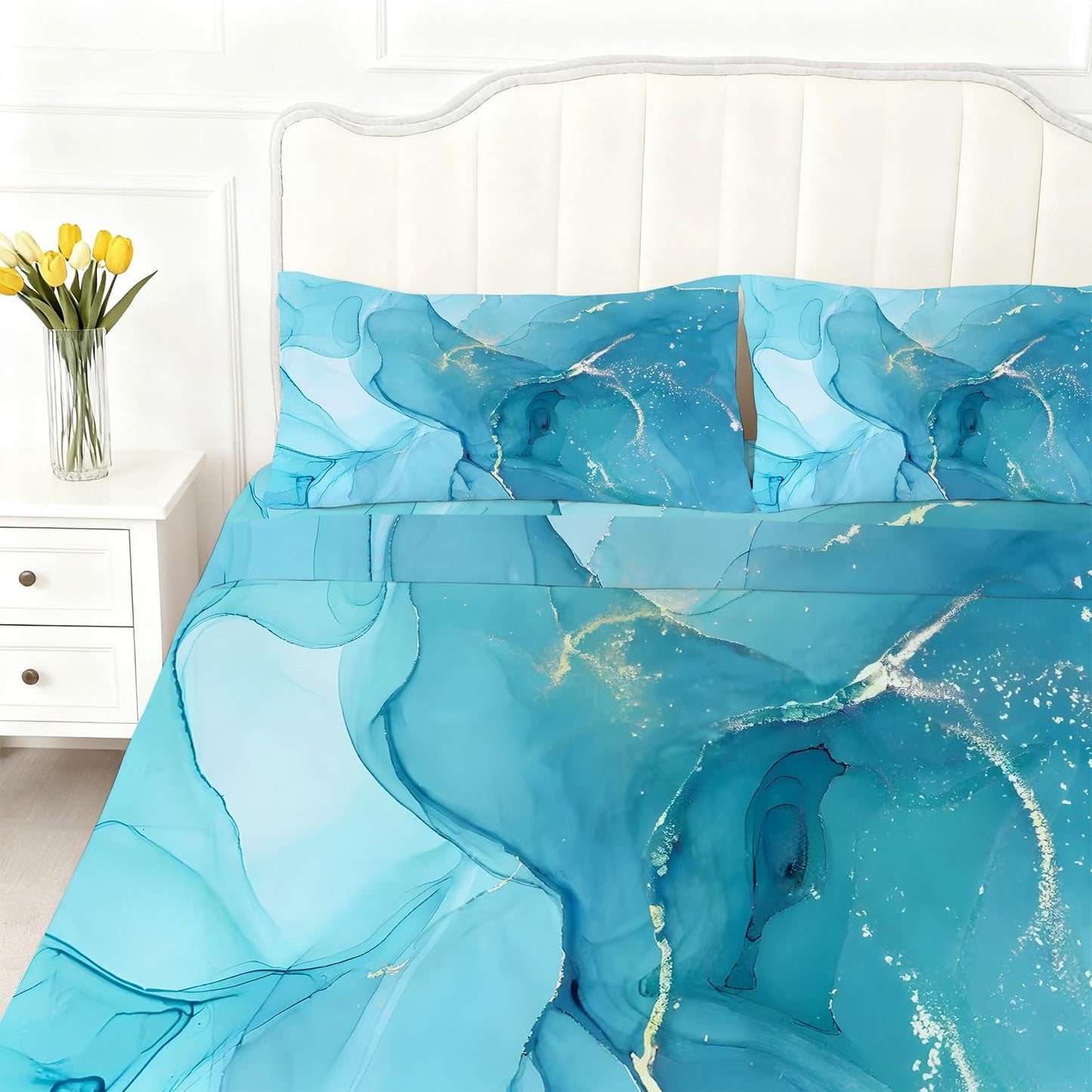 VTKON Kids Twin Blue Marble Sheets Set Aesthetic Blue Gold Marble Bedding Set Boys Girls Soft Microfiber Bed Sheet Includes 1 Fittde Sheet, 1 Flat Sheet and 1 Pillowcase