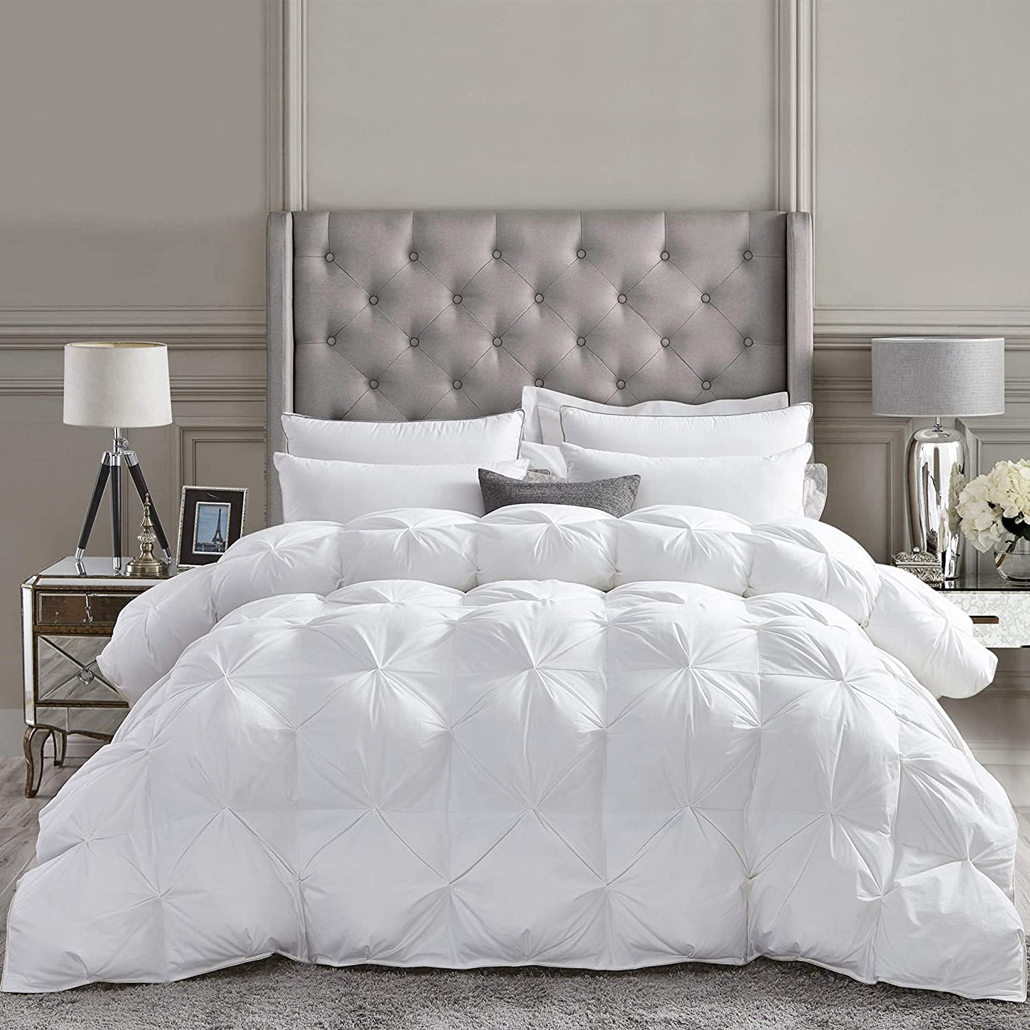 Luxurious Goose Down Feather Fiber Comforter Duvet Insert, Exquisite Pinch Pleat White Design, Oversize Palatial King White 128 x 98, Premium Baffle Box 100% Egyptian Cotton, 80 oz Fill Weight