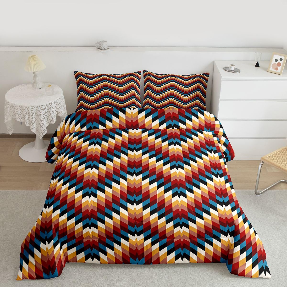 jejeloiu Southwestern Native Aztec Comforter Set All Season Bohemian Bedding Set with 2 Pillow Cases Brown Blue Microfiber Kids Queen Bedclothes Tribal Geometric Bedroom Decor Duvet Quilt Breathable
