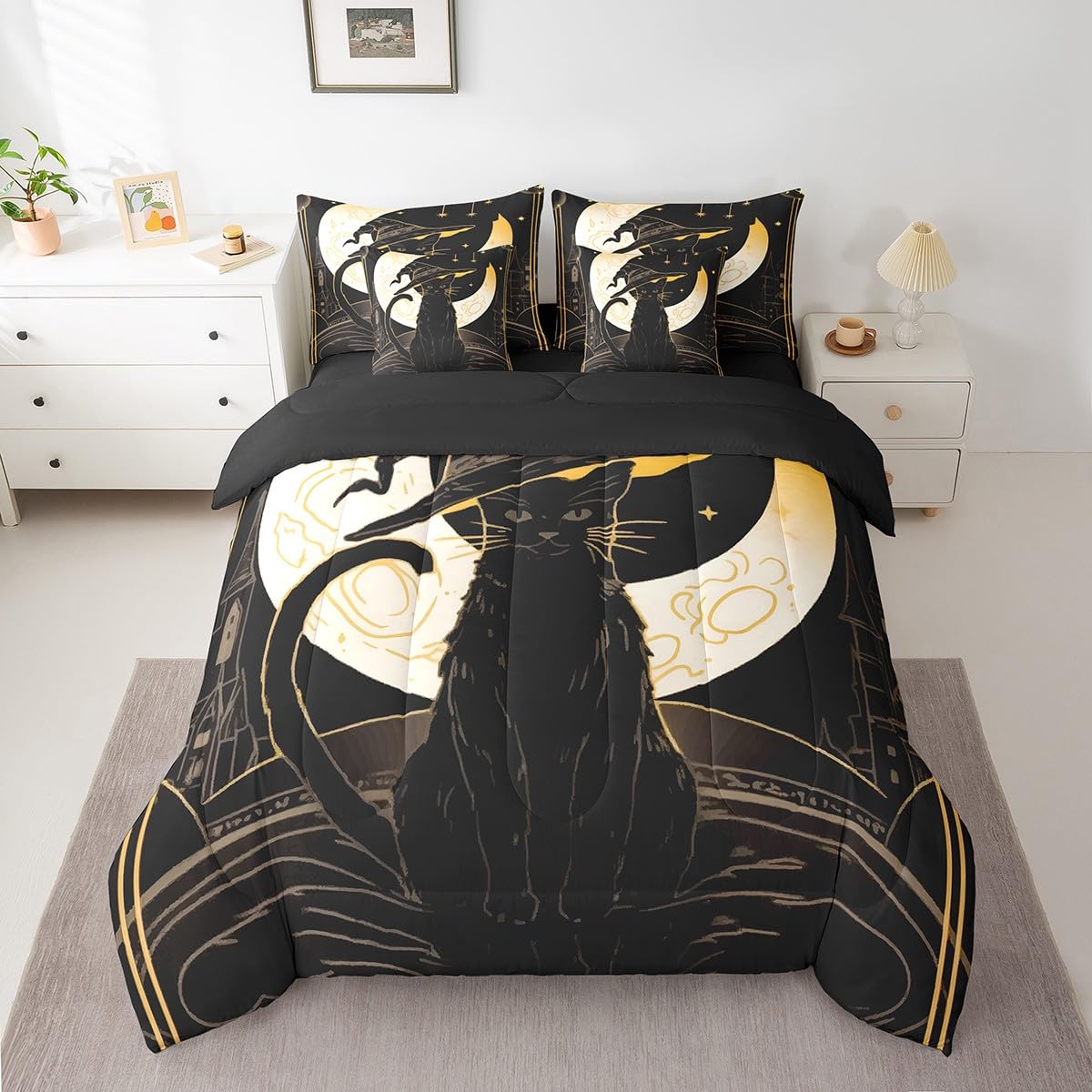 Feelyou Halloween 7 Piece Bedding Set Twin Size for Kids Boys Girls Teens Black Cat Bed in a Bag Moon Star Pattern Comforter Set with Sheets Cute Animal Bed Set