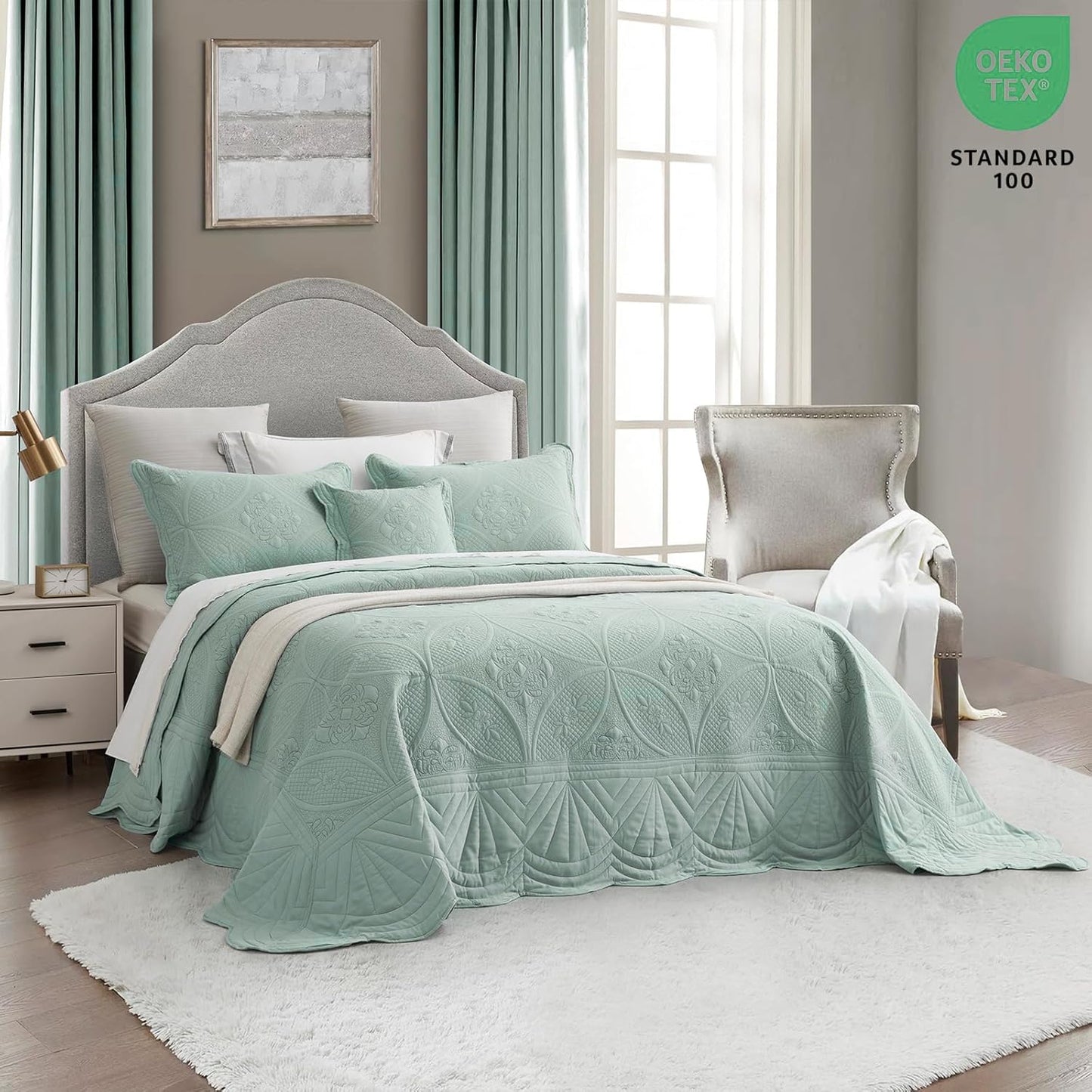 DaisyHuang Oversized Bedspread - King Size Bedding Cover - Modern & Contemporary Coverlet Set, Real Stitching, Reversible, Lightweight, 5 Piece, Seaglass