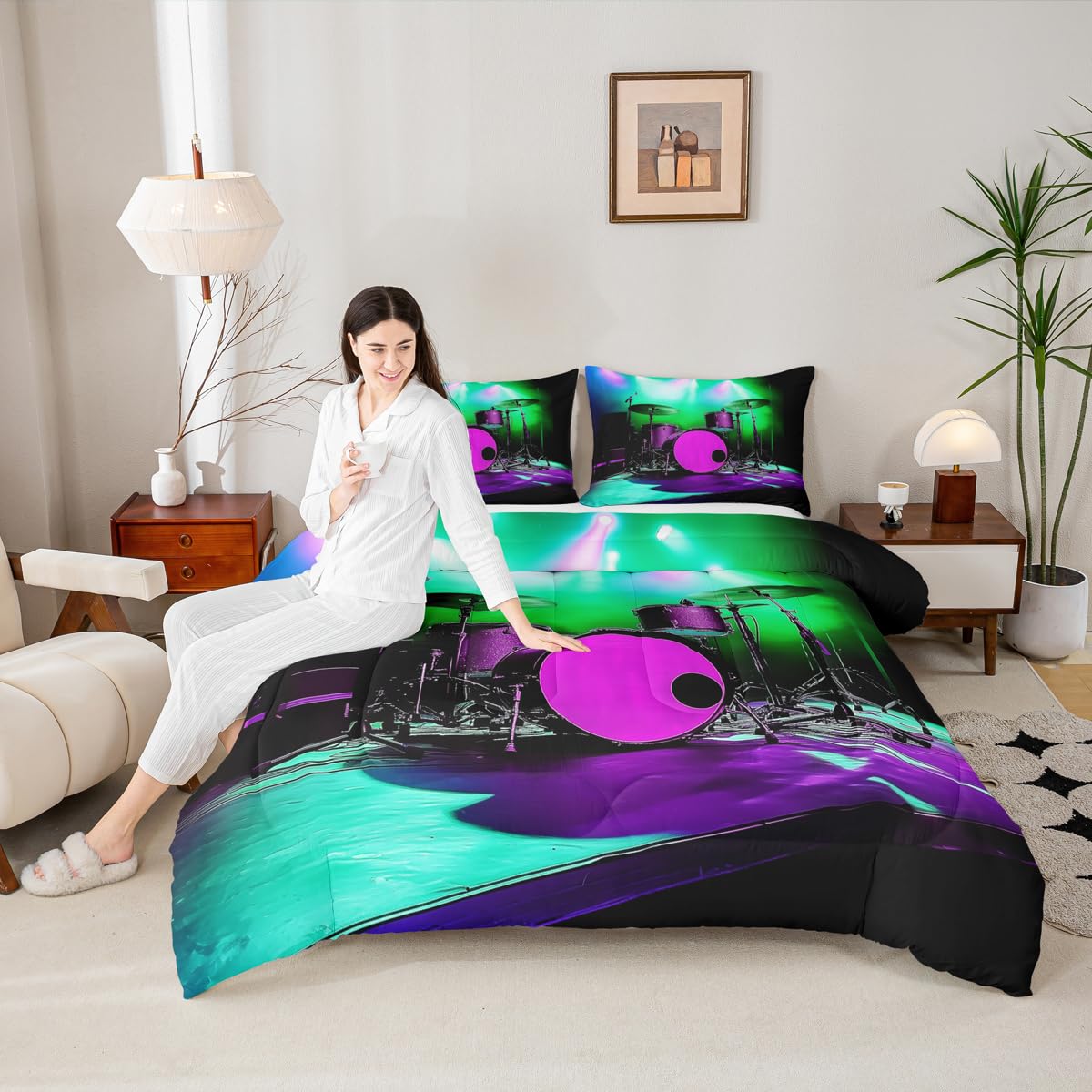 Erosebridal Drum Kit Comforter Set Queen Music Themed Bedding Set Rock Musical Instruments Comforter for Kids Boys Girls,Colorful Glitter Quilt Duvet
