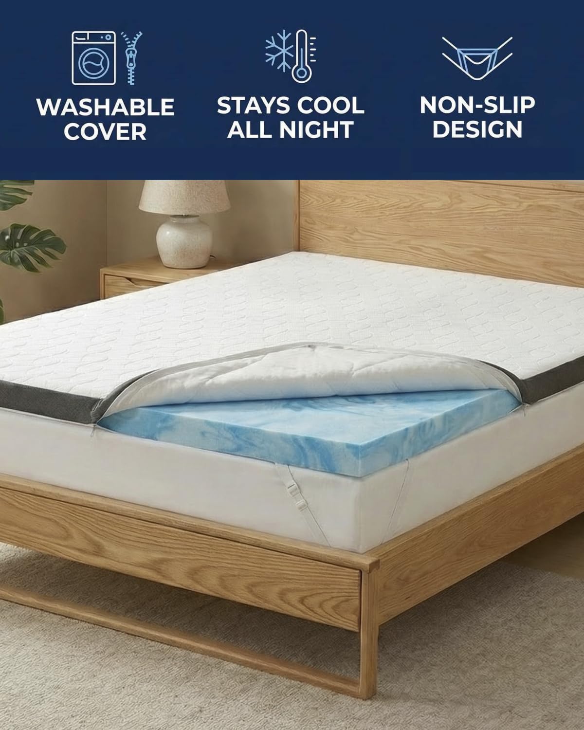 Mattress Topper - 3 Inch Memory Foam Mattress Topper with Cooling Cover for Hot Sleepers - Plush, Thick & Comfy - Pain & Pressure Relief - Full Size Mattress Pad with Straps & Removable Washable Cover