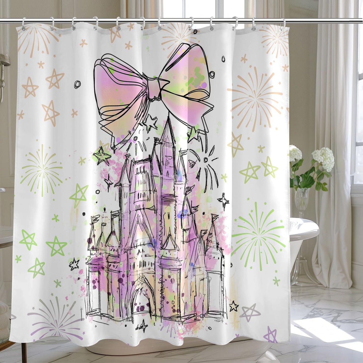 Vehcimbev Cartoon Castle Shower Curtain Fireworks and Bowknot for Girl Bathroom Decor Waterproof Curtain with Hooks for Bathrooms Shower Fabric Showers Curtains Set 72x72Inch