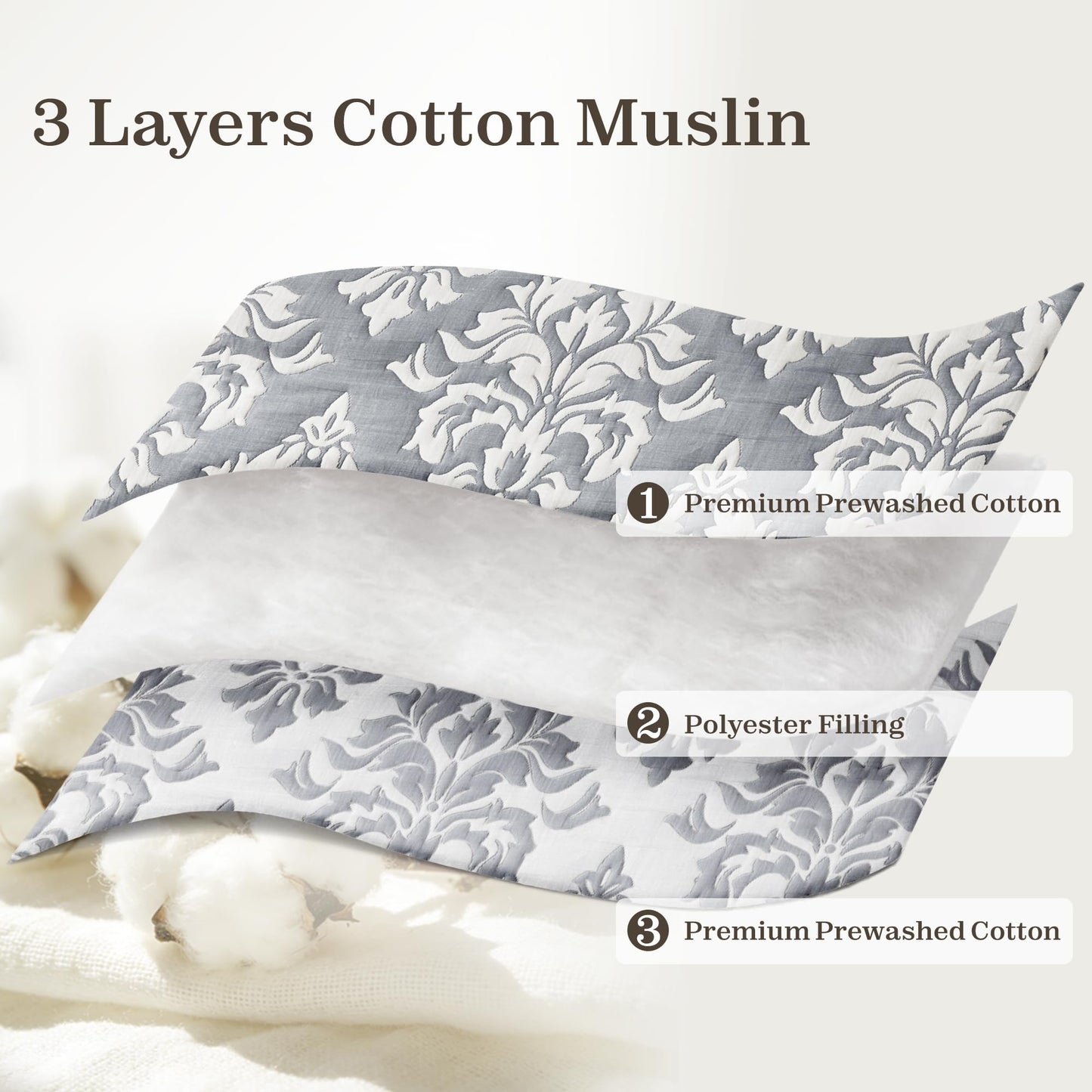 Exclusivo Mezcla Cotton Quilts King Size Grey, Soft Lightweight Bedspread Breathable Prewashed Bed Coverlet with 2 Pillow Shams, Boho Pattern Yarn Dyed Muslin Quilt Bedding Set for All Seasons