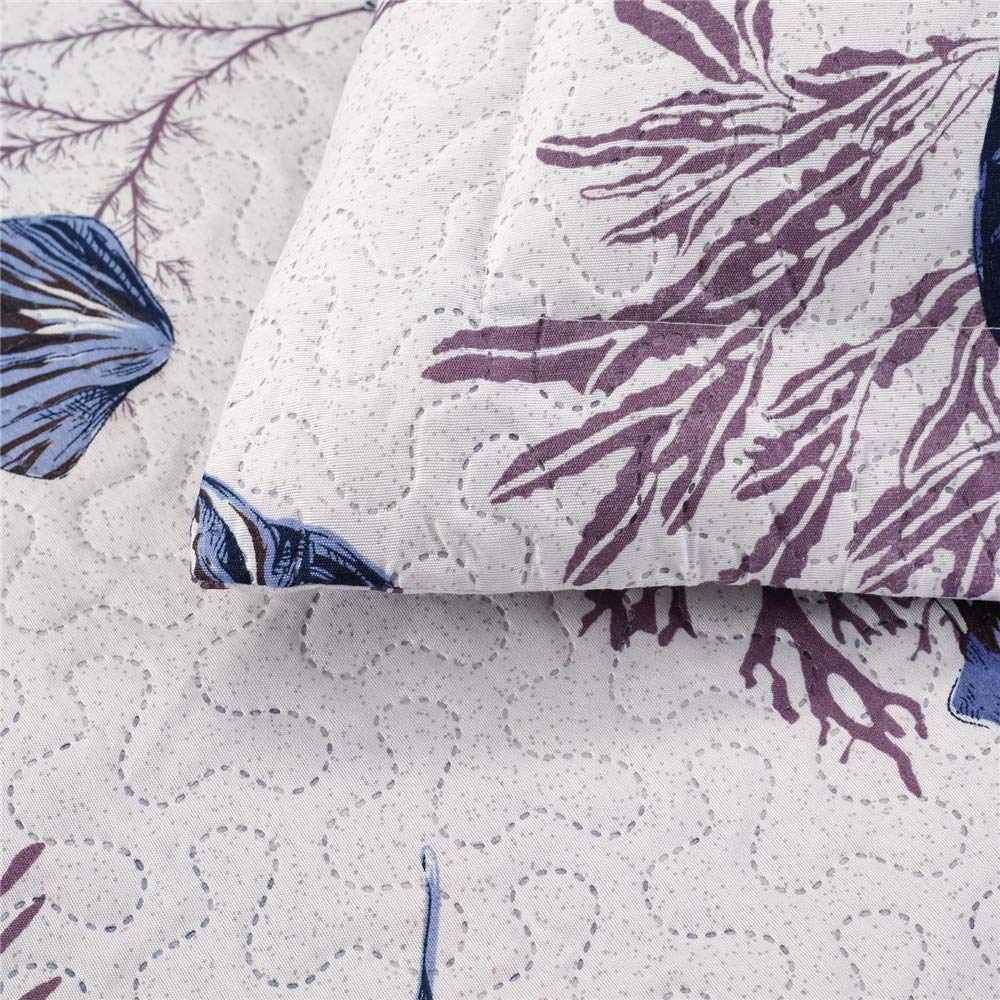 King Size Beach Quilt Set - Lightweight Reversible Quilt, Bedspread & Coverlet - Coastal Ocean Bedding - Starfish & Conch Shell Home Decor - Blue