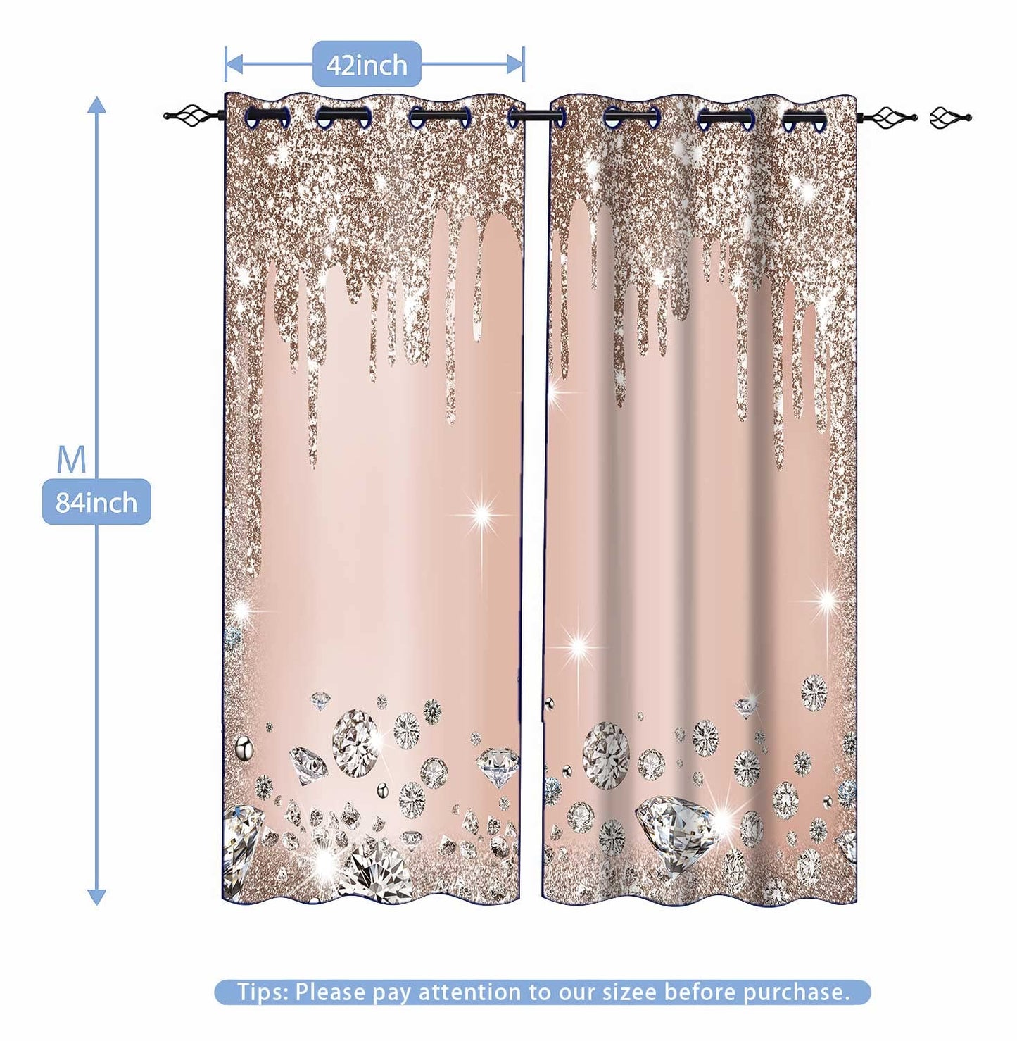 MIZSYE Light Rose Gold Shiny Diamond Print Curtains Gorgeous Drip Blackout Curtains Room Darkening (No Sequins No Sequins) Suitable for Girls Bedroom Living Room Decoration 42x84inch CLZYMS55